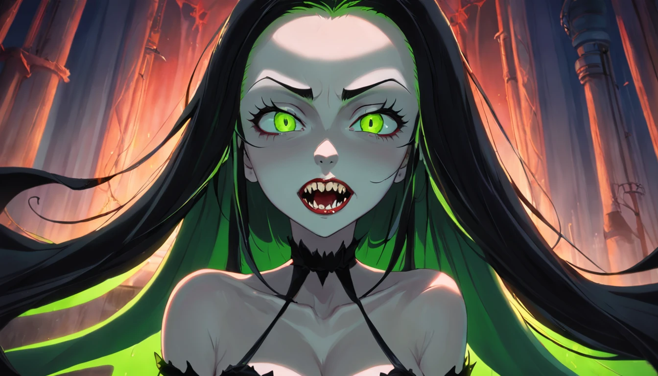 Vampira vista de corpo inteiro com cabelos longos e olhos verdes, sorrindo com dentes pontudos e labios carnudos