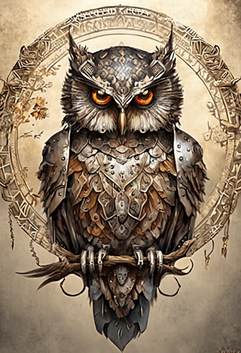 maximum quality, Dramatic lighting, menacing pose, fierce expression, epic atmosphere, (((owl head shaped helmet))), (((full body shot))),a owl made out of metal, cyborg, cyberpunk style, clockwork, ((intricate details)), hdr, ((intricate details, hyperdetailed)), incandescent lamps, cinematic shot, vignette, bokeh effect background, (full body shot).