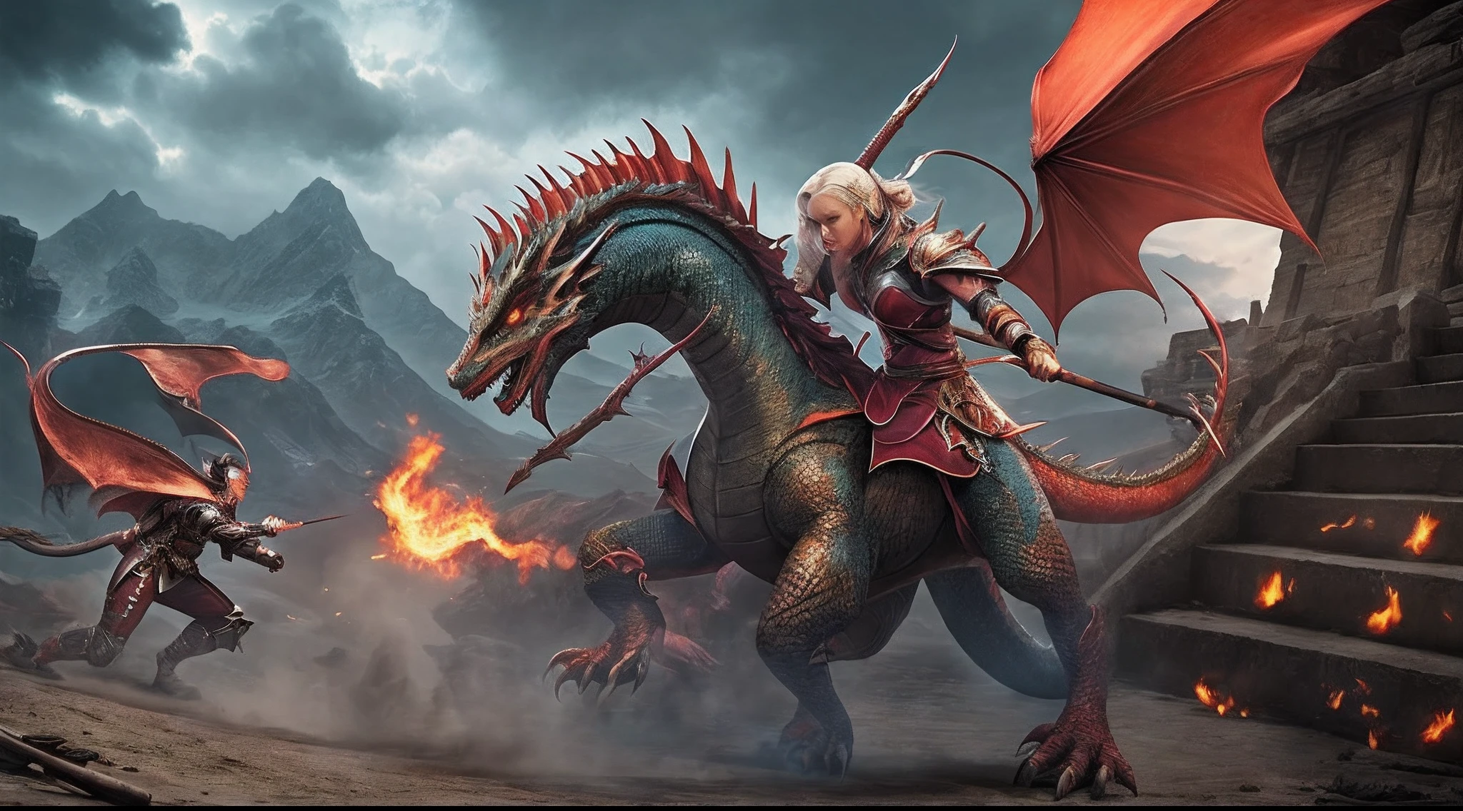 Christina Aguilera the Dragon Knight fights against Zhao in a legendary battle, photorealistic, cinematic, epic, dramatic lighting --auto --s2