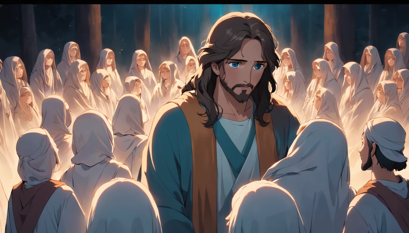 Jesus Christ with an enlightened face surrounded by young people listening to his guidance