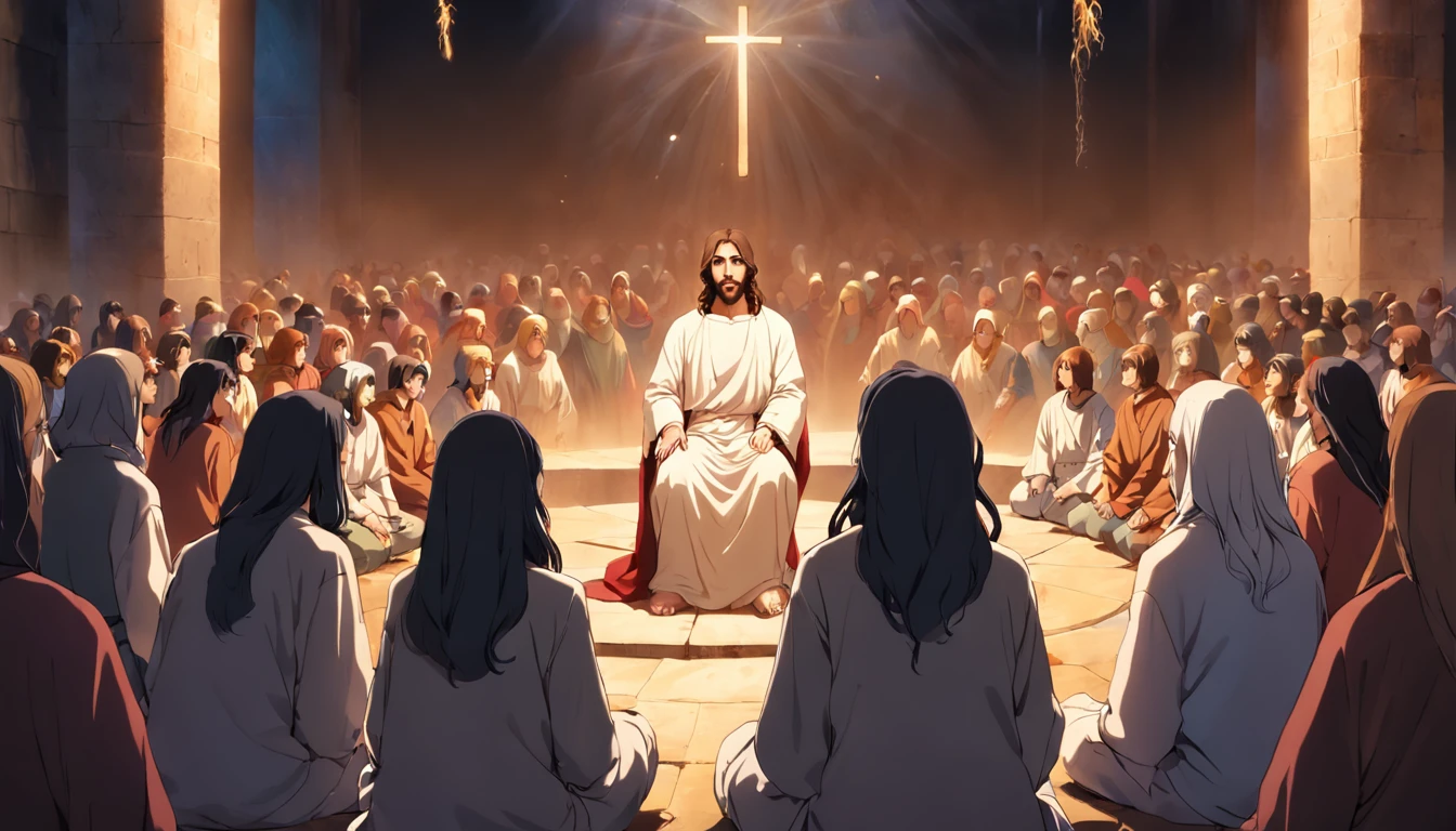 Jesus Christ with an enlightened face surrounded by young people listening to his guidance