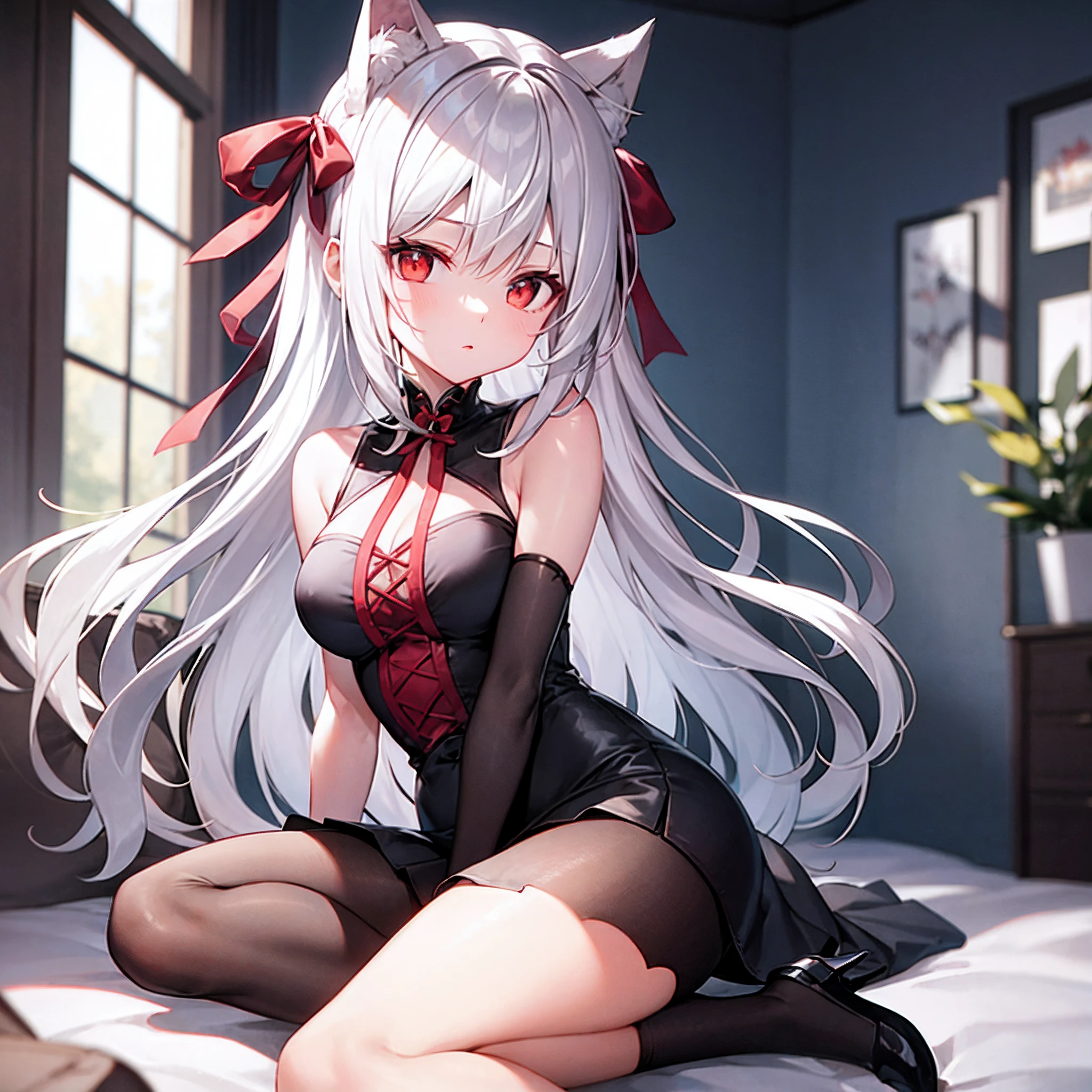 masterpiece, best quality, high resolution, 1girl, solo, (((beautiful body))), Perfect hands, gorgeous, long hair, white hair, ((heterochromia)), (left eye red), (right eye yellow), tsurime eyes, smug face, breasts, cat ears, Oni horns, cat tail, black pantyhose, School Uniform, by MDA Starou