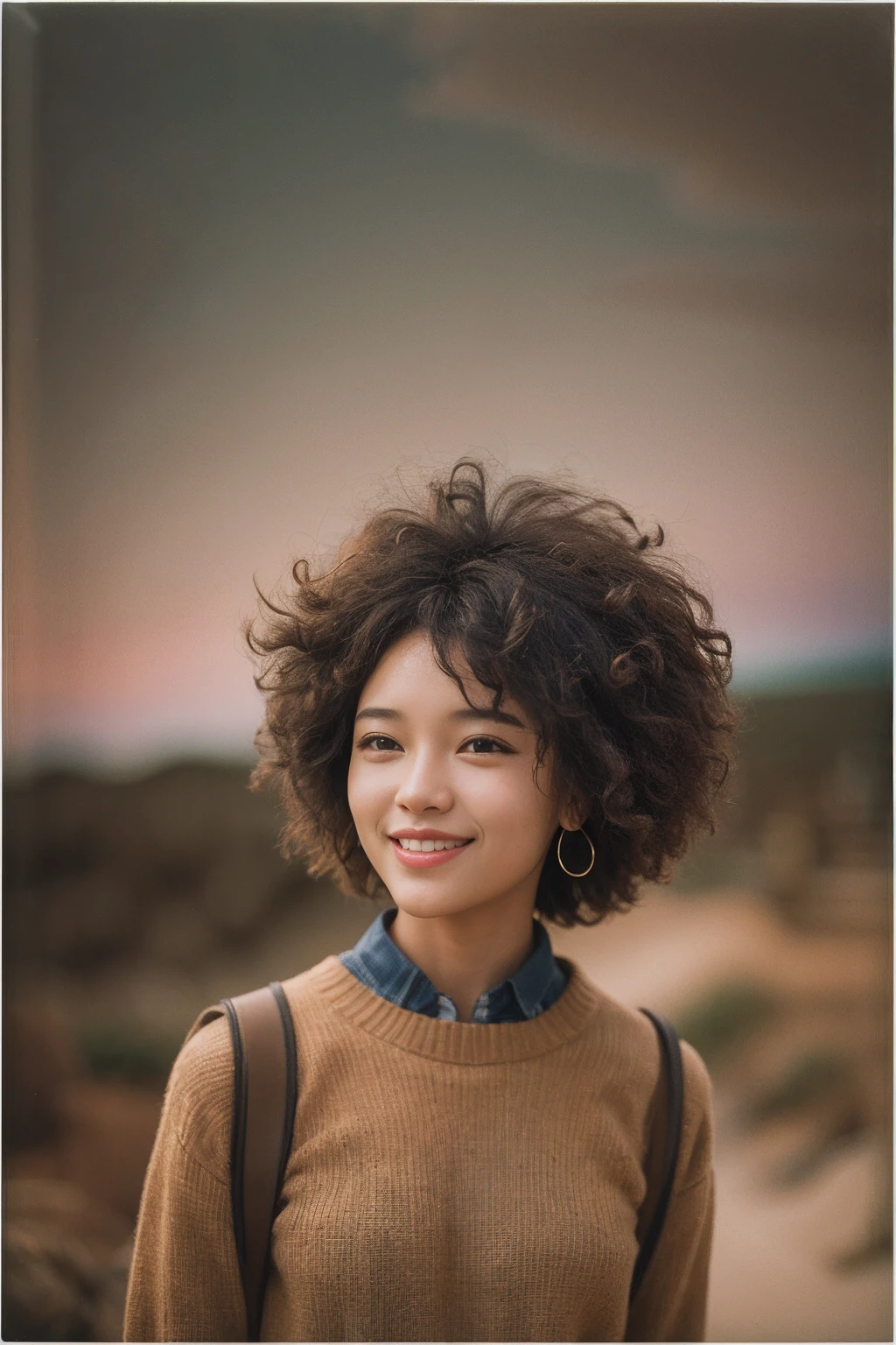 1girl in,Smirk,Curly hair,Brown hair,rejuvenating,Retro,Film Grain Beautiful Landscape,A smile,Afro hair,Brown mokomoko sweater,