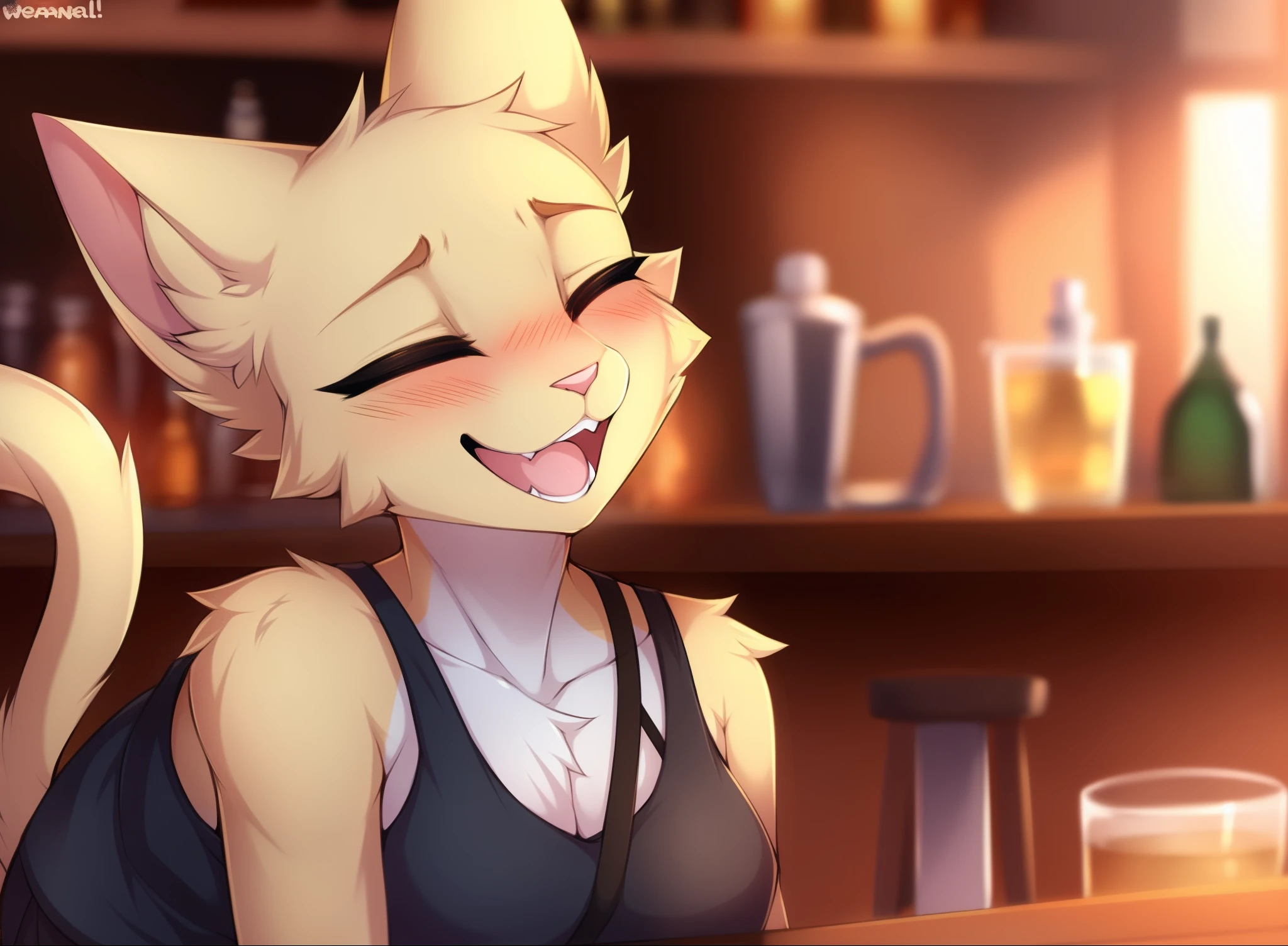 katia, cat girl, furry anthro, solo, black eyes, furry body:1.1), tall, thick thighs, (best quality), wearing black tank top, black skirt, at a bar, sitting on a stool, blushing, by teranen, by woolrool, , laughing, eyes closed, close up