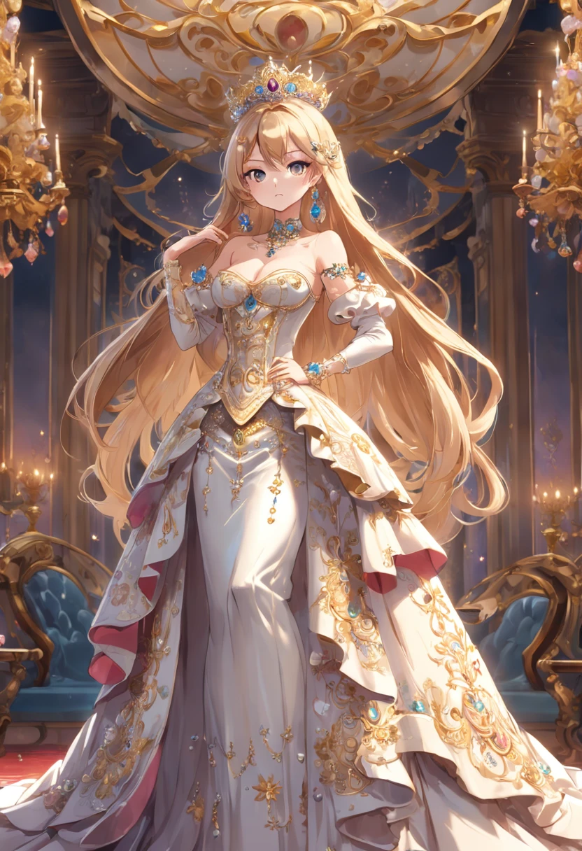 ((anime artstyle)),(Masterpiece),(Best Quality),(Super Detail),(Very Delicate and Beautiful),Solo,((full body,standing pose)),standing in the royal palace,((1 queen in jeweled gorgeous rococo ballgown with voluminous full length hoop skirt)),(crinoline),gorgeousfull embroidery,(gorgeous gemstone jewelry),(detailed face and eyes),jewel-like eyes,((large amount of straight hair,extremely Long voluminous Hair)),((gigantic tits,Long tits,skindentation)),gorgeousfull embroidery,cleavage,extremely gorgeousfull hair ornament,(bling-bling extremely gorgeousfull jeweled tiara),gorgeous corsage,(Dynamic Angle),Looking at viewer,((full body))