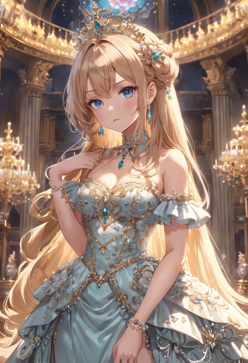 ((anime artstyle)),(Masterpiece),(Best Quality),(Super Detail),(Very Delicate and Beautiful),Solo,((full body,standing pose)),standing in the royal palace,((1 queen in jeweled gorgeous rococo ballgown with voluminous full length hoop skirt)),(crinoline),gorgeousfull embroidery,(gorgeous gemstone jewelry),(detailed face and eyes),jewel-like eyes,((large amount of straight hair,extremely Long voluminous Hair)),((gigantic tits,Long tits,skindentation)),gorgeousfull embroidery,cleavage,extremely gorgeousfull hair ornament,(bling-bling extremely gorgeousfull jeweled tiara),gorgeous corsage,(Dynamic Angle),Looking at viewer,((full body))