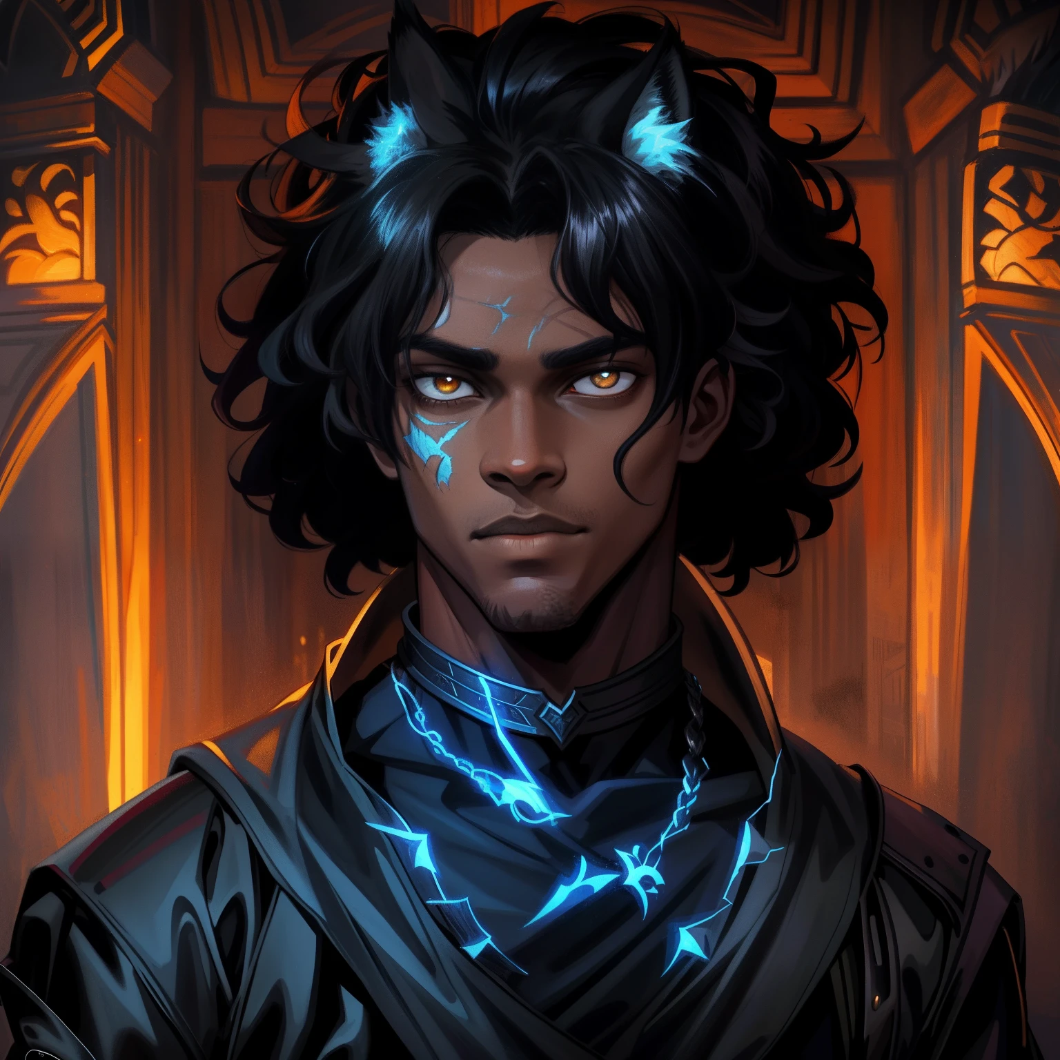 A closeup of a young black teenage man with lynx eyes and ears African beauty well-marked masculinity in a mysterious and dark look amid a blizzard on a snowy mountain A character wearing black robes for a medieval RPG and with some scars on his face and a dark look he is a character illustration for RPG with dark colors and gray he has a wise look and snob make a very magical and amazing background image use shadows outline light and black smoke to compose the photo He is in a dramatic pose for a medieval RPG art RPG art RPG character illustration art dramatic pose for a League of Legends style RPG art Art of a pet rpg in a medieval art Medieval art illustration in an art cartoon style arcane style league of legends art cartoon illustration 8k hd cinematic lights contrasted backlights