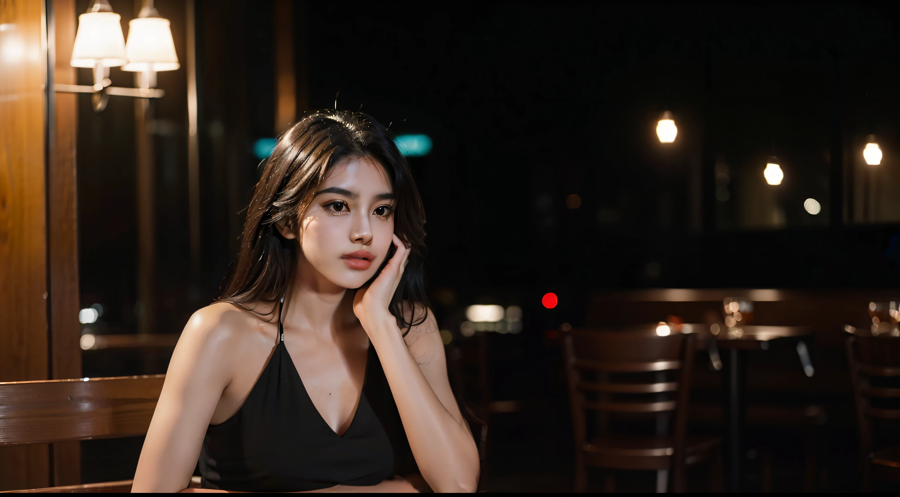 woman sitting on a bench in a restaurant at night, mid shot portrait, stunning woman, attractive woman, casual pose, sitting on a table, seductively looking in front, sexy gaze, stunning elegant pose, attractive girl, sexy look at the camera, thoughtful pose, gorgeous woman, 7 0 mm. dramatic lighting, dramatic serious pose, Indian skin colour, black hair, realistic women