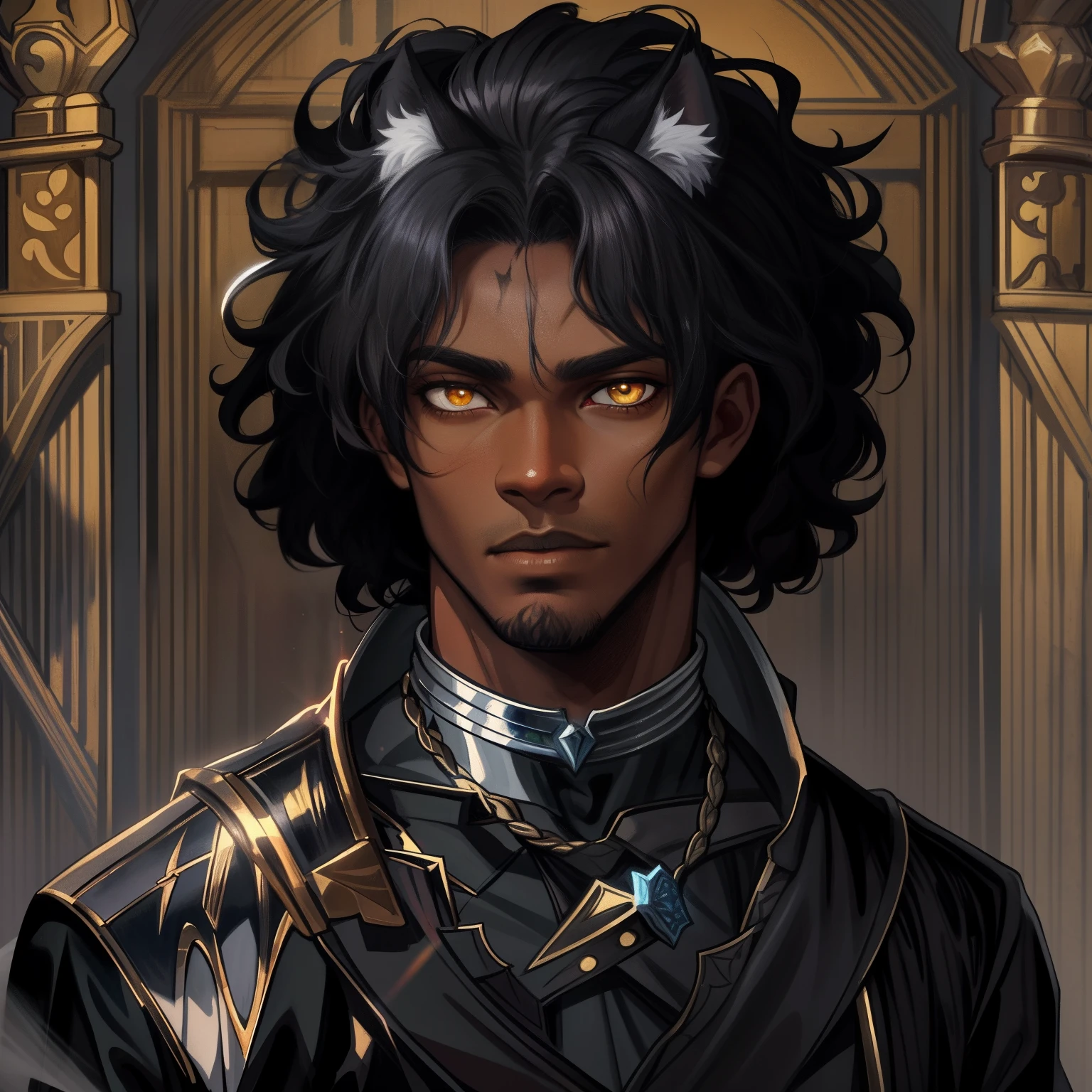 A closeup of a young black teenage man with lynx eyes and ears African beauty well-marked masculinity in a mysterious and dark look amid a blizzard on a snowy mountain A character wearing black robes for a medieval RPG and with some scars on his face and a dark look he is a character illustration for RPG with dark colors and gray he has a wise look and snob make a very magical and amazing background image use shadows outline light and black smoke to compose the photo He is in a dramatic pose for a medieval RPG art RPG art RPG character illustration art dramatic pose for a League of Legends style RPG art Art of a pet rpg in a medieval art Medieval art illustration in an art cartoon style arcane style league of legends art cartoon illustration 8k hd cinematic lights contrasted backlights