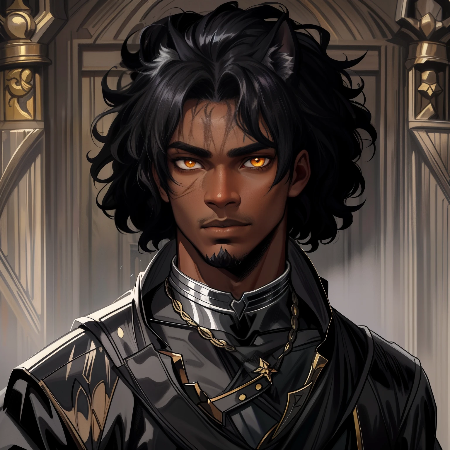 A closeup of a young black teenage man with lynx eyes and ears African beauty well-marked masculinity in a mysterious and dark look amid a blizzard on a snowy mountain A character wearing black robes for a medieval RPG and with some scars on his face and a dark look he is a character illustration for RPG with dark colors and gray he has a wise look and snob make a very magical and amazing background image use shadows outline light and black smoke to compose the photo He is in a dramatic pose for a medieval RPG art RPG art RPG character illustration art dramatic pose for a League of Legends style RPG art Art of a pet rpg in a medieval art Medieval art illustration in an art cartoon style arcane style league of legends art cartoon illustration 8k hd cinematic lights contrasted backlights