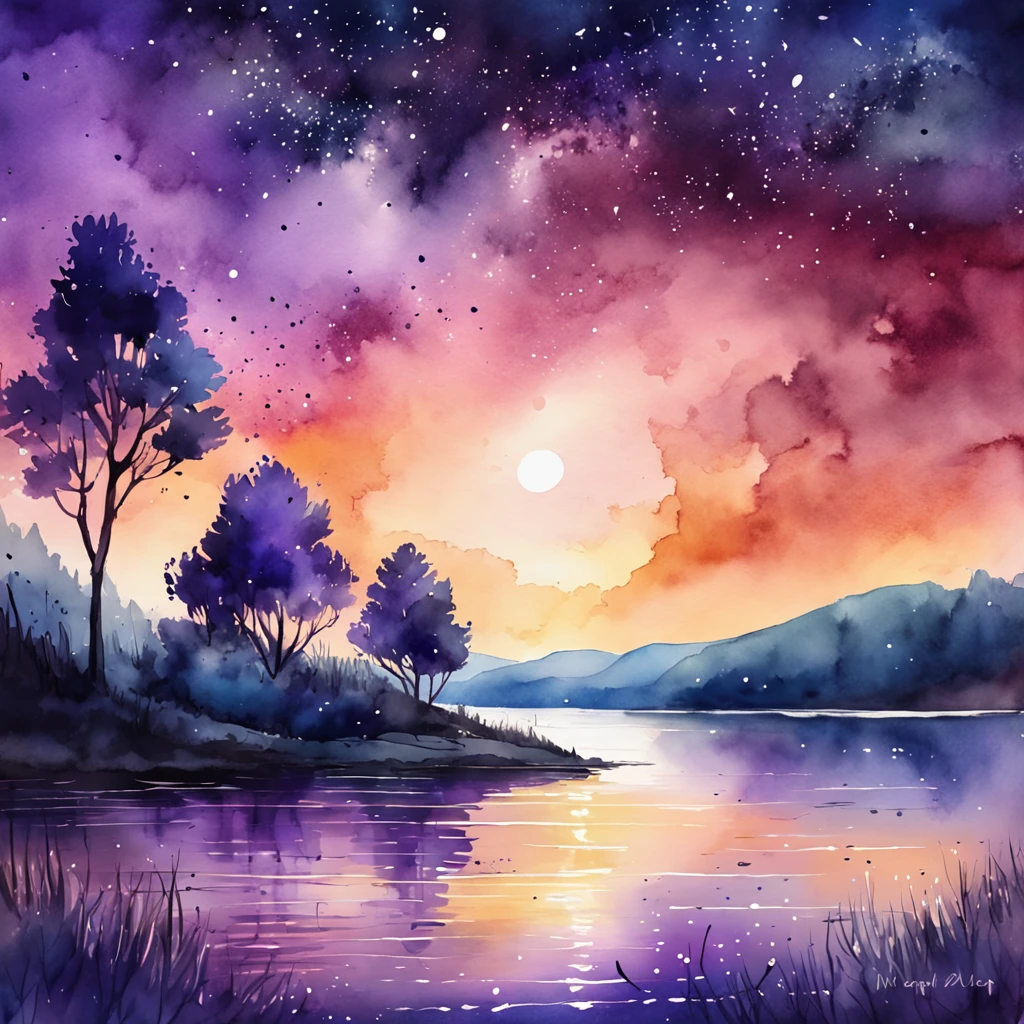 Detailed illustration of a lake at night, starry night, thick fog, soft light, purple shading, Unreal Engine 5, cinematic, top view, motion blur, starry night sky reflected in the lake, lake with dark blue water, petals of colored flowers in the water, a purple veil on the lake. Splash art, dripping paint. Perfect color gradation. Influenced by Karel Appel and Jeremy Mann, dramatic melancholic vibes, hyper detailed, gorgeous, incredible details, intricate details, digital style, masterpiece, 8k resolution, high quality, vibrant colors, the color of the flowers shining