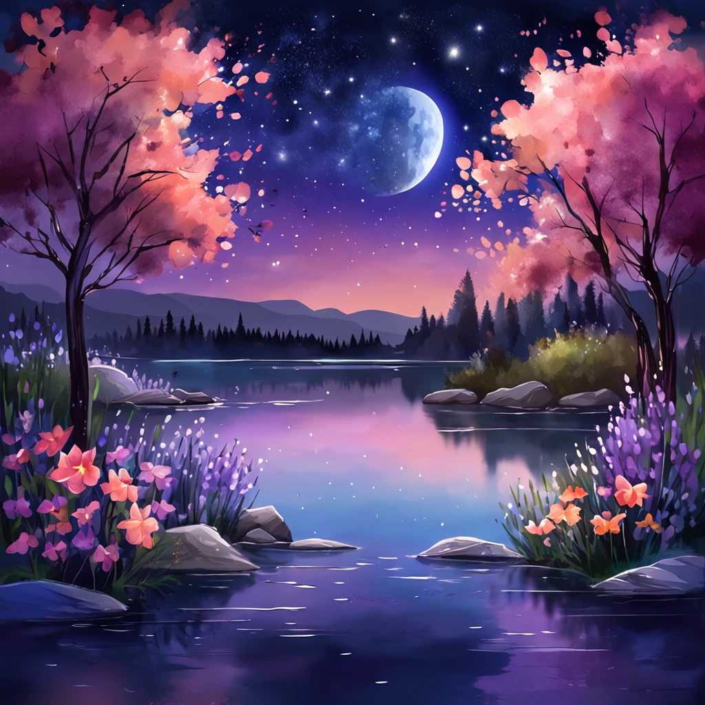 Detailed illustration of a lake at night, starry night, thick fog, soft light, purple shading, Unreal Engine 5, cinematic, top view, motion blur, starry night sky reflected in the lake, lake with dark blue water, petals of colored flowers in the water, a purple veil on the lake. Splash art, dripping paint. Perfect color gradation. Influenced by Karel Appel and Jeremy Mann, dramatic melancholic vibes, hyper detailed, gorgeous, incredible details, intricate details, digital style, masterpiece, 8k resolution, high quality, vibrant colors, the color of the flowers shining