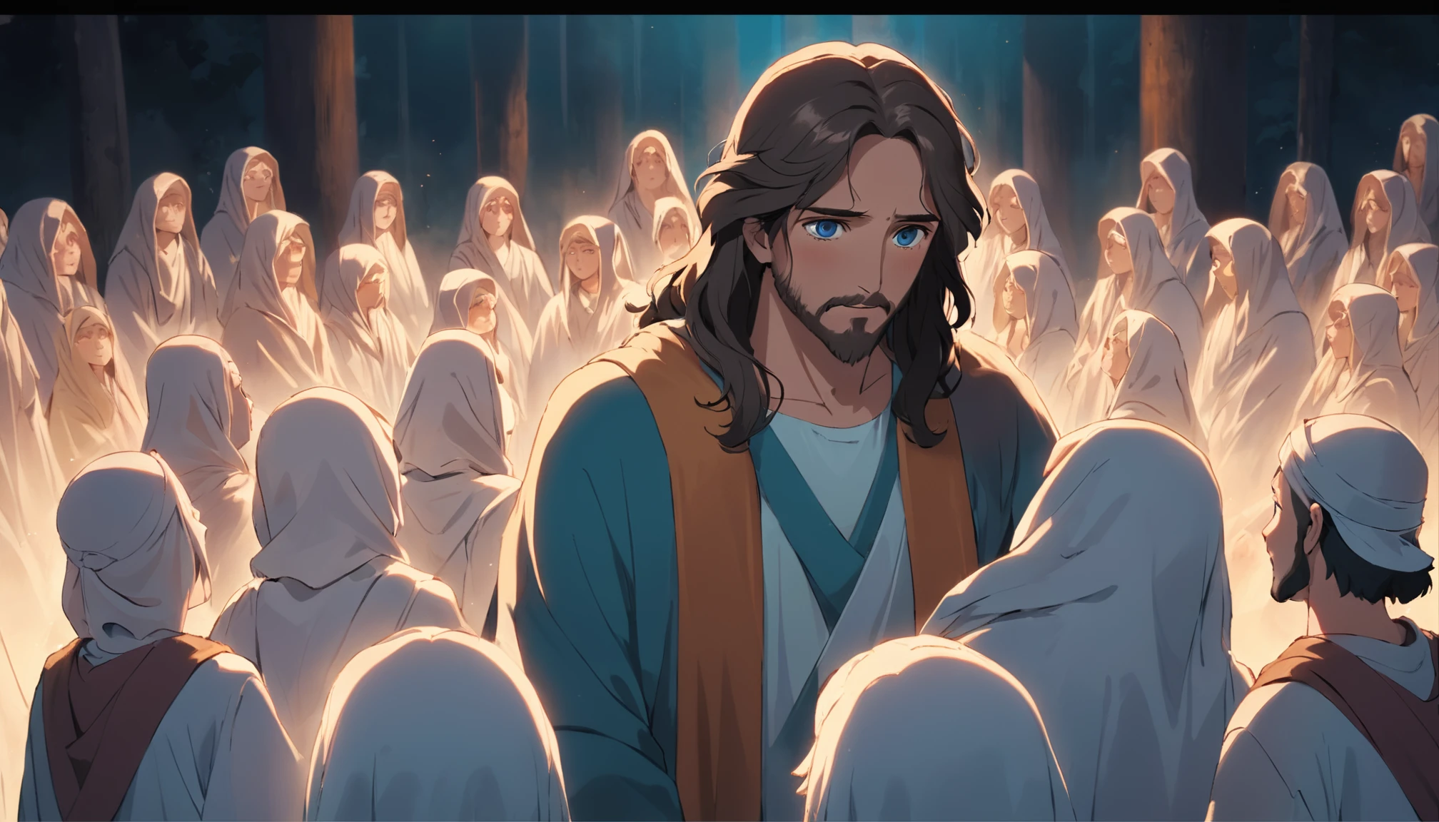 Jesus Christ with an enlightened face surrounded by young people listening to his guidance