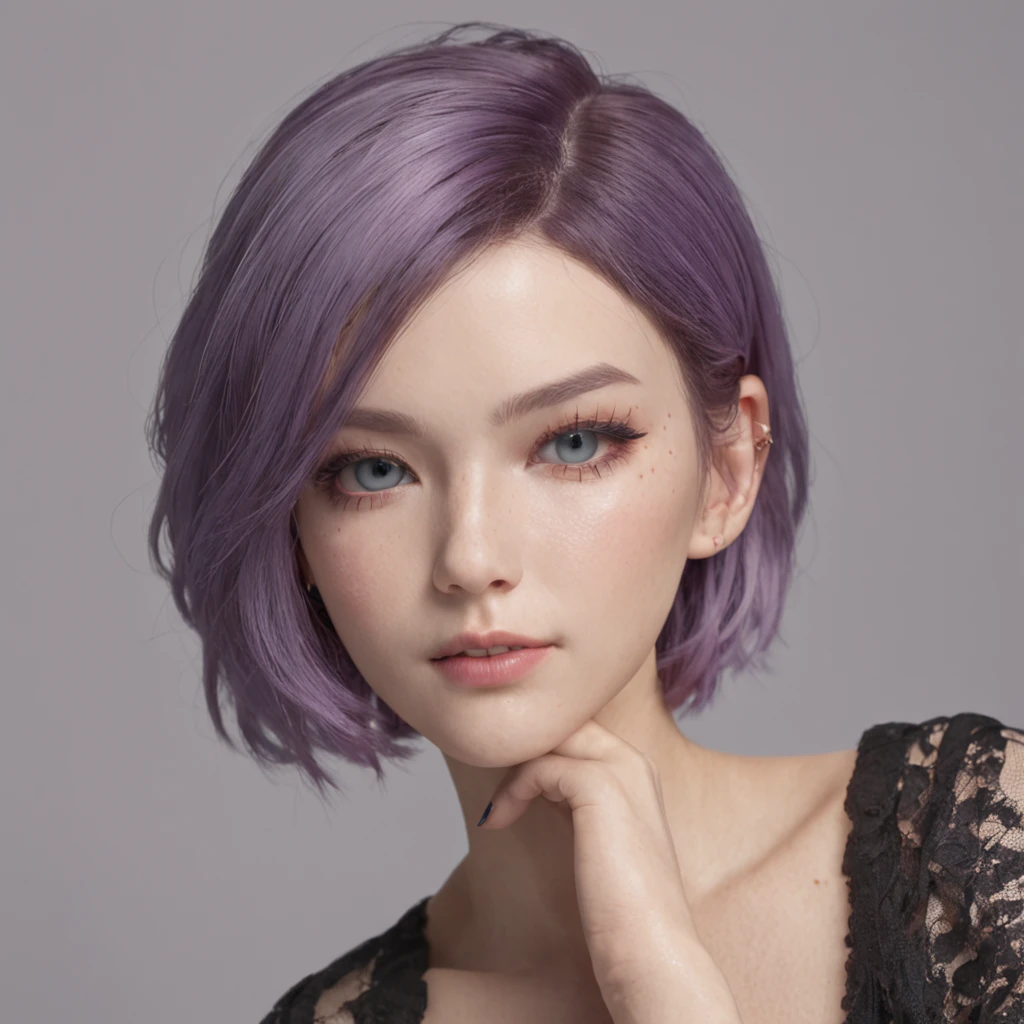 Purple hair, short hair, blue eye color, black eyeliner, tattoo, full body, 8k sakin, 8k detail, ultra realistic face, ultra quality, ultra realistic, 8k skin detail, japanese, Thick leg, huge breast