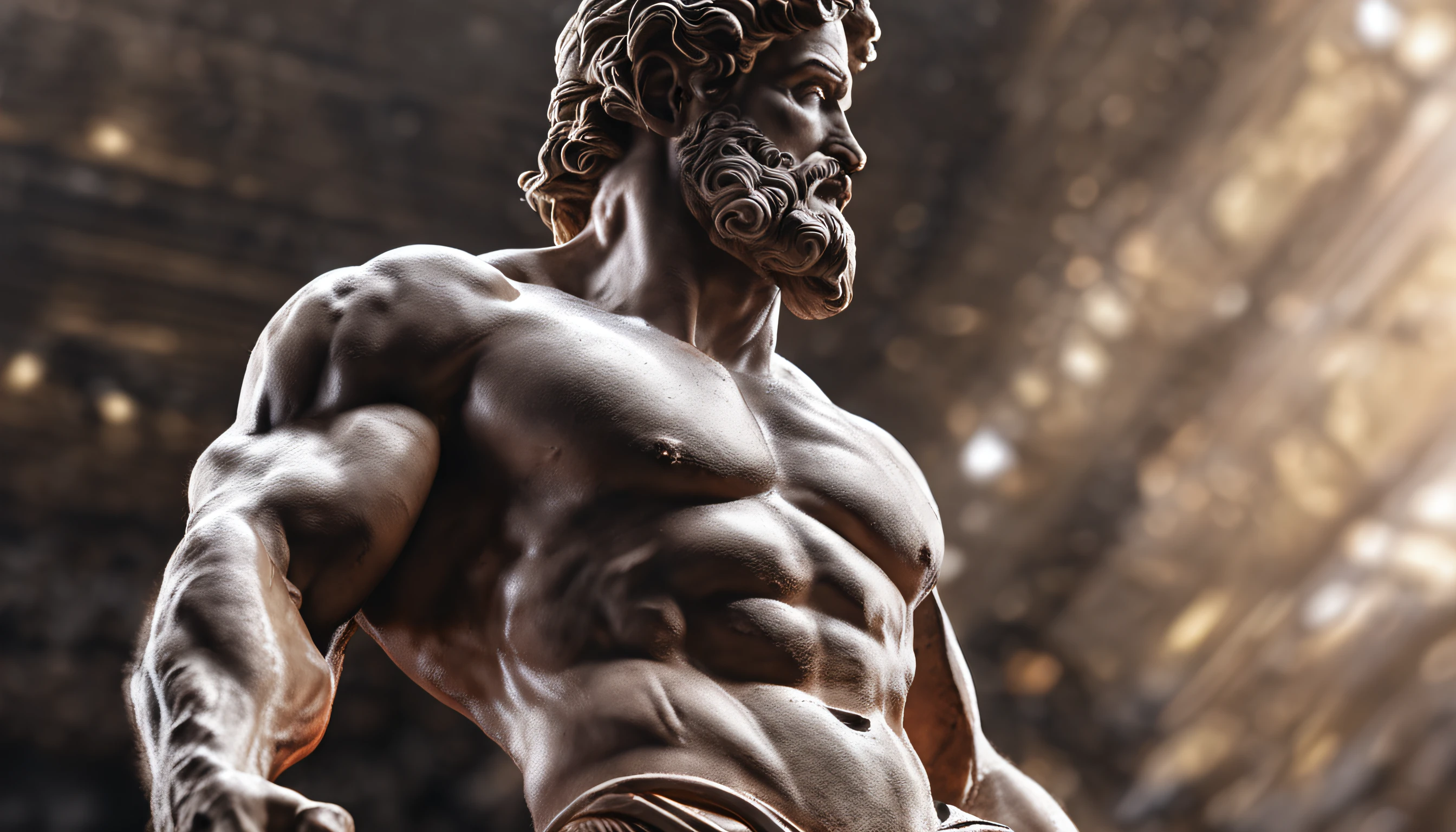 Hercules-like Greek statue, close-up, 8k, black background