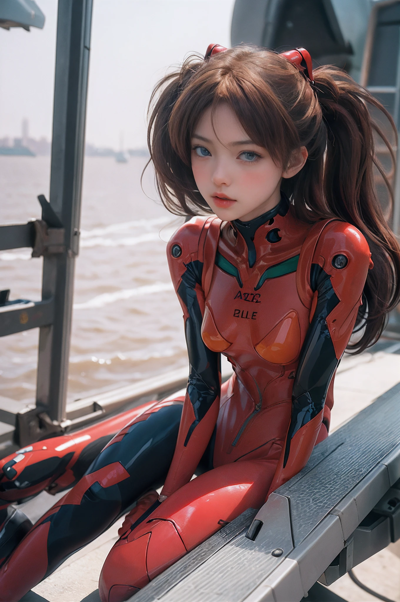 Asuka in Victory Pose on a warship (real)))) Photos, ((Full body:1.3)), Best quality, 1 woman, Long legs, ultra detailed face, Detailed lips, Detailed eyes, Double eyelids, Beautiful face, Beautiful eyes, Blue eyes, (red bodysuit, red latex), (glossy), Delicate clothing wrinkles, (((cameltoe))), (erect, Twin tails, Thin waist, Best quality, pale skin, Su-Liu Aska Langle, Plug suit 02, see through, (face and eye details:1.1), self-righteous, blush, ((shy)), very delicate and beautiful girl, dynamic perfect anatomy ,pose, (to8 contrast style, Low Angle, Wide Angle