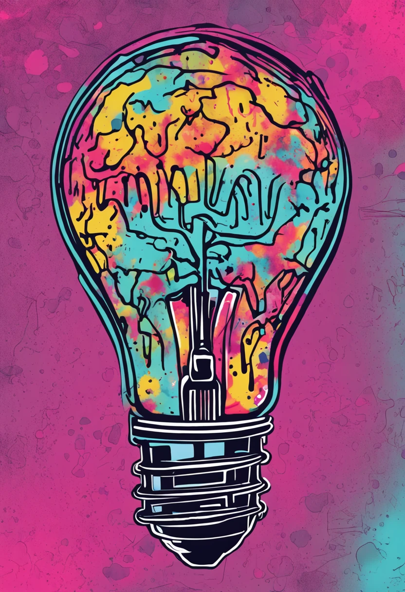 a caravel-shaped light bulb with a brain inside. Splatter style, UHD, watercolors, bright inviting color selection, t shirt design, intricate, standing out, original,