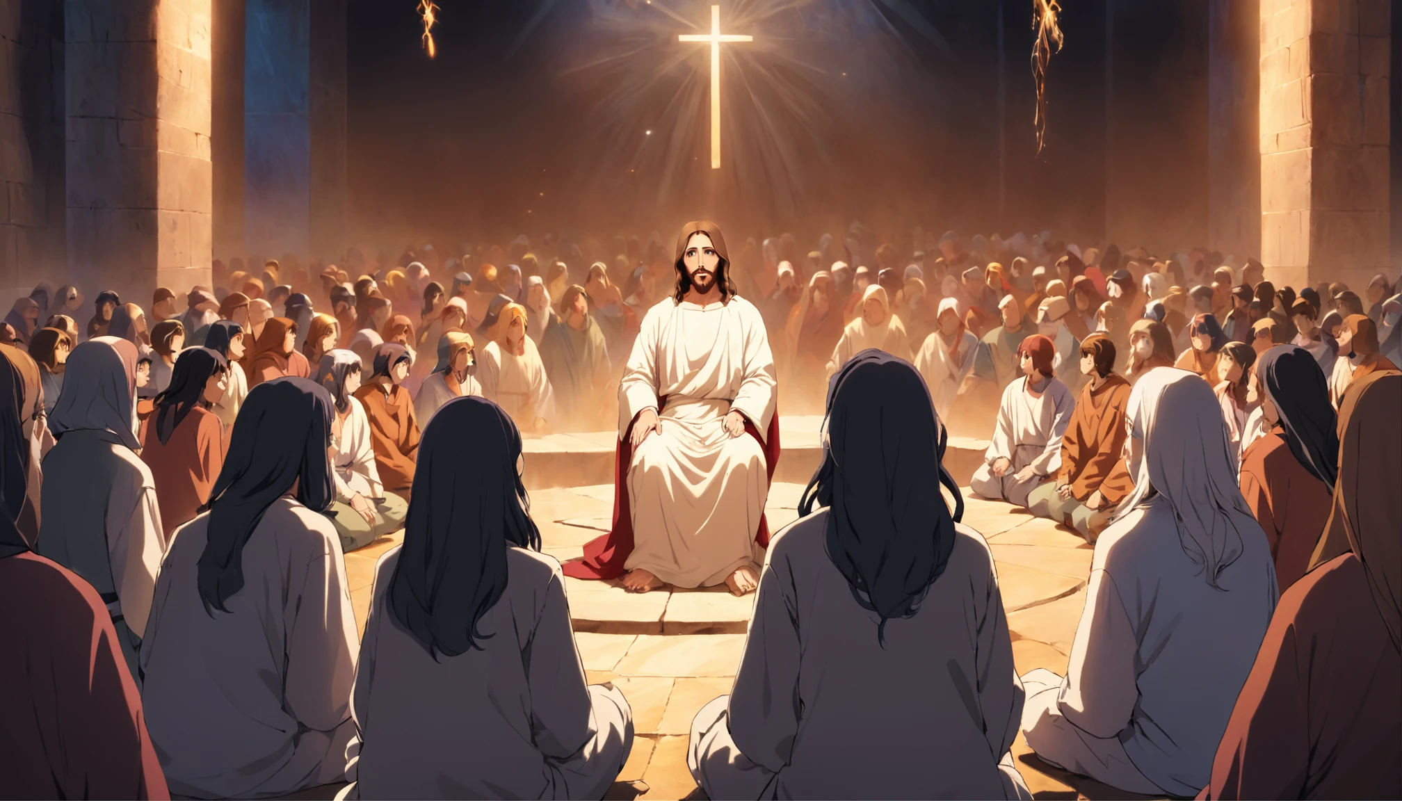 Jesus Christ with an enlightened face surrounded by young people listening to his guidance