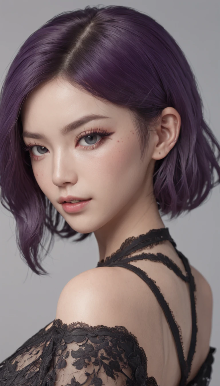 Purple hair, short hair, blue eye color, black eyeliner, tattoo, full body, 8k sakin, 8k detail, ultra realistic face, ultra quality, ultra realistic, 8k skin detail, korean, Thick leg, huge breast, Black mask