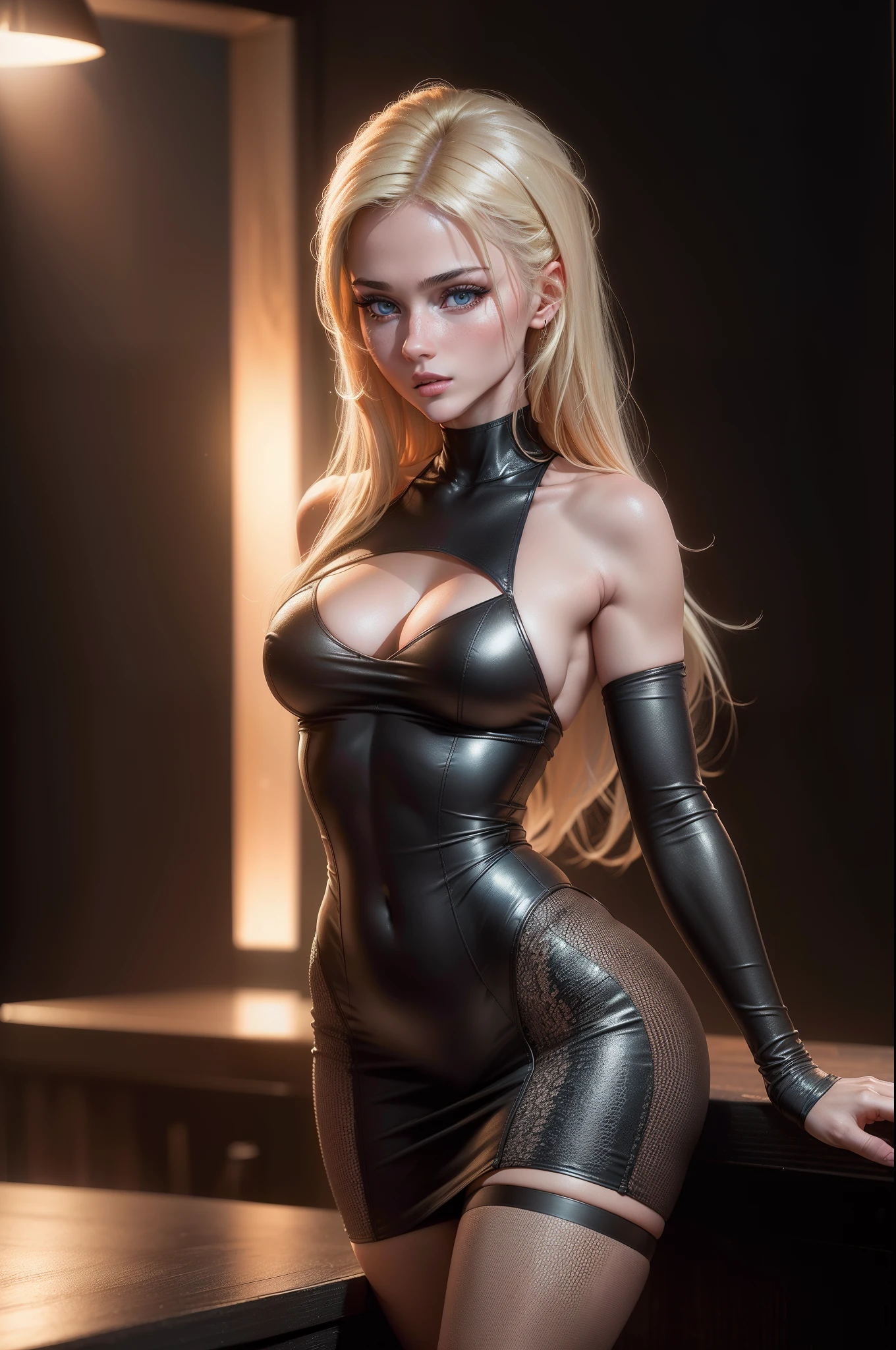 (Top quality RAW photo, (realistic, photo-realistic: 1.2), (high-detailed textures), Nikon D850 50mm lens), semi-profile view, red lighting, 1 hot Russian blonde woman in a Club, nightclub ambiance, black tight dress, high heels, Russian blonde model, tight hips, suggestive pose, small breasts,