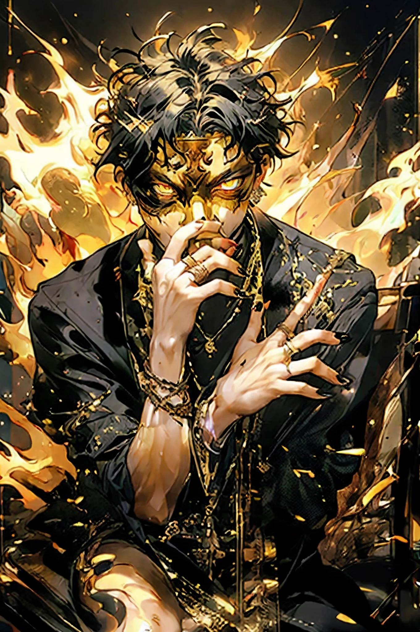 Henshin, solo, looking_at_viewer, short_hair, shirt, black_hair, 1boy, jewelry, jacket, yellow_eyes, upper_body, male_focus, earrings, hand_up, nail_polish, orange_eyes, black_shirt, mask, glowing, ring, fire, black_background, black_nails, one_eye_covered, multiple_rings, ultra realistic,32k,RAW photo,(high detailed skin:1.2), 8k uhd, dslr, soft lighting, high quality, film grain,sitting on a chair,leg croes