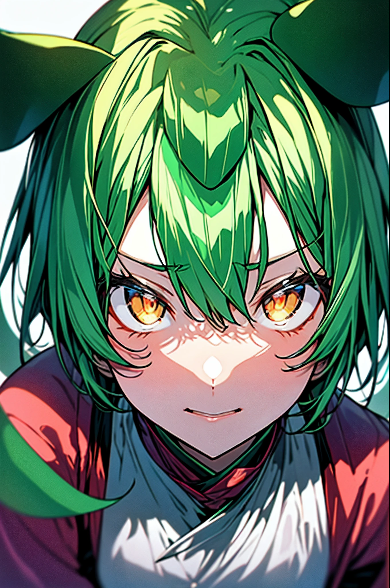 masutepiece, Best Quality, Green hair、Orange Eyes, Face, Simple background,