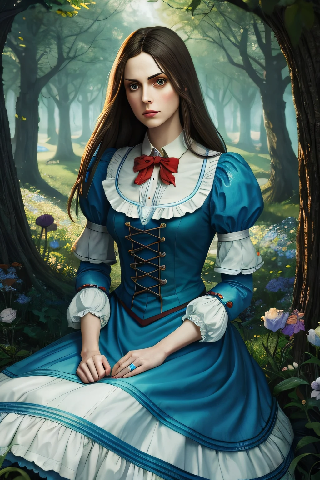 a close up of a woman in a blue dress sitting in a forest, alice x. zhang, portrait of alice in wonderland, inspired by Alice Prin, alice from alice in wonder land, tom bagshaw artstyle, michael cheval (unreal engine, ghibli tom bagshaw, american mcgee's alice, artstyle tom bagshaw, tom bagshaw style