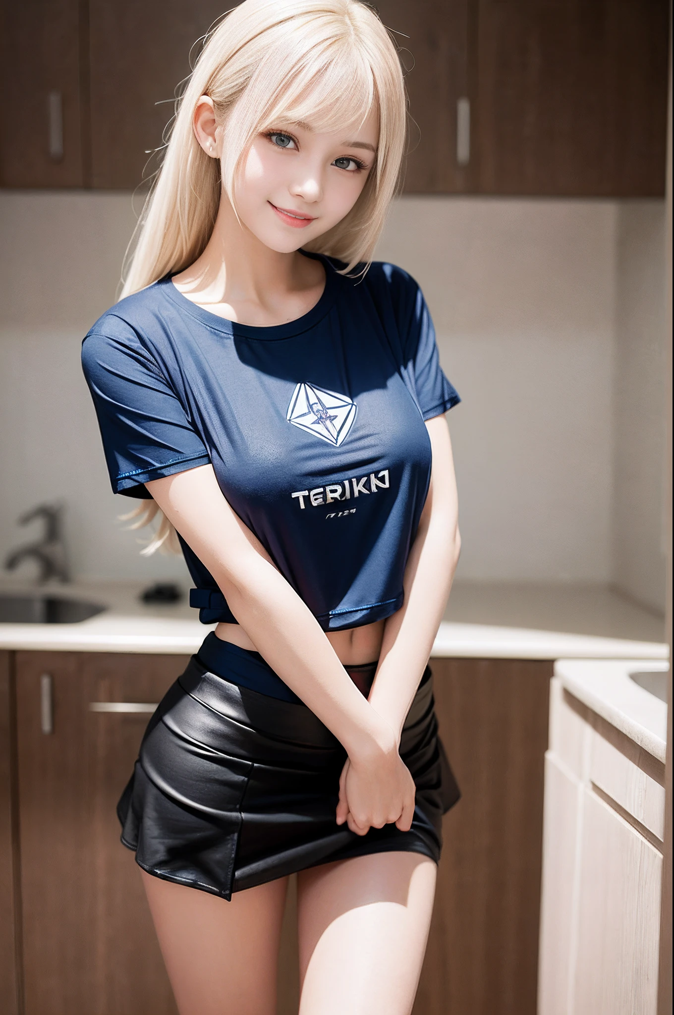 portlate、bright expression、poneyTail、Young shiny shiny white shiny skin、Best Looks、Blonde reflected light、(Platinum blonde hair with dazzling highlights)+、shiny light hair,、Silky straight hair、Beautiful bangs that shine、Glowing crystal clear attractive big blue eyes、Very beautiful nice cute 16 year old girl、Lush bust、Seduce with the eyes of the camera、Show thighs、((tshirts:1.5))+、smil、(adult appeal)、excited、Plump body、teats、large boob、((a miniskirt:1.5))、1 girl in、