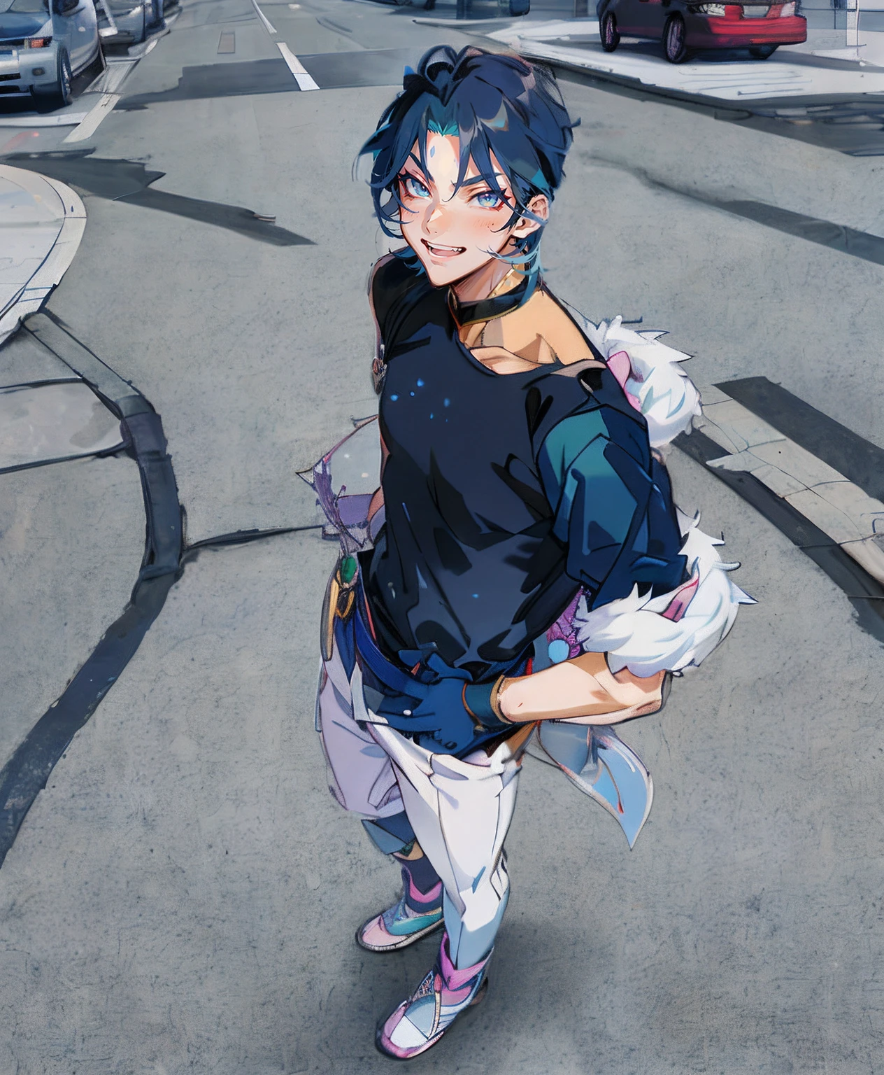 Black T-shirt and white pants,Black shoes,Anime characters walking down the street, Male anime style, anime handsome guy, In an anime style, young anime man, Handsome Anime Pose, handsome guy in demon slayer art, anime style character, In anime style, made with anime painter studio, male anime characters, Anime Boy, tall anime man with blue eyes,Dynamic Angle,looking-down,Laugh,ung Man,fullllbody,Ultra Detail,Haig Quality,sketch,1boy,matured male,Beautiful face,(Navy blue hair,Outer hair:1.3),Handsome men,Pearl skin,black tshirt,green coat,Black fur on the collar,Dynamic Angle,Japan Anime,Laugh,Like a cat's eye,double tooth,city,male in his 20s,In the street,Anime characters laughing mischievously,Bunching navy hair,Provocative smile,mischievous eyes,Magenta eyes,radiant eyes,early evening,in a street,asphalt,Hair splattered outwards