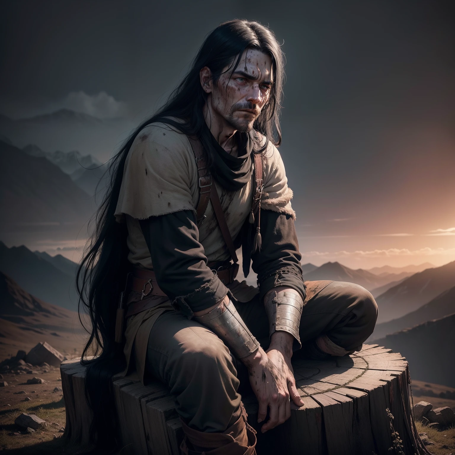 A tired warrior who can tell from his face that he has reached the end of the line, he has long black hair, his face is very dirty and bloody, his clothes are black, he is fifty years old, it is dark and it is night, there are high mountains behind him, he is sitting on a tree stump and made a fire