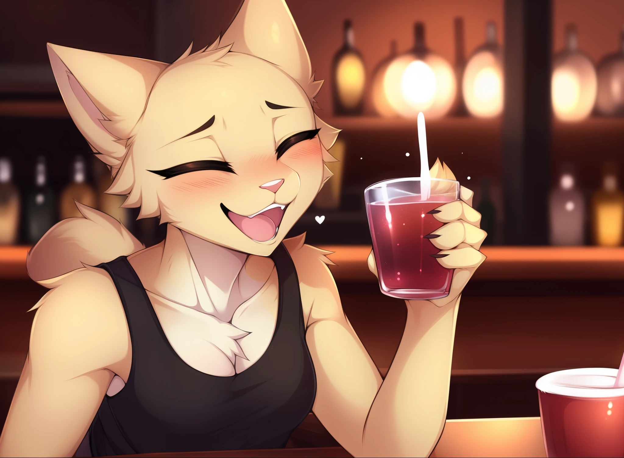 katia, cat girl, furry anthro, solo, black eyes, furry body:1.1), tall, thick thighs, (best quality), wearing black tank top, black skirt, at a bar, sitting on a stool, blushing, by teranen, by woolrool, , laughing, eyes closed, close up, holding a drink