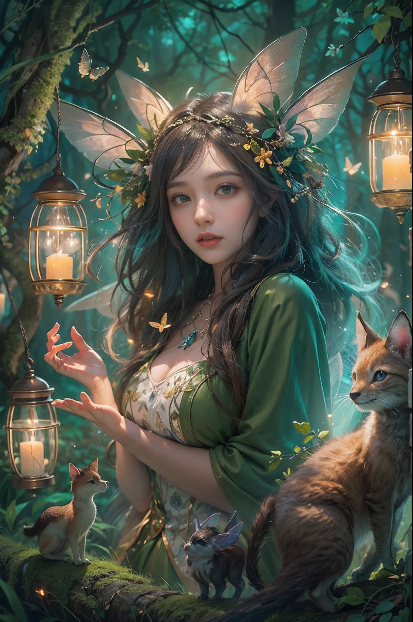 Image depicting a beautiful woman in an enchanted forest, Surrounded by a variety of cute magical creatures, As a fairy, Forest animals and bright fireflies. The scene is bathed softly, Ethereal light, Evoke a sense of surprise and delight.