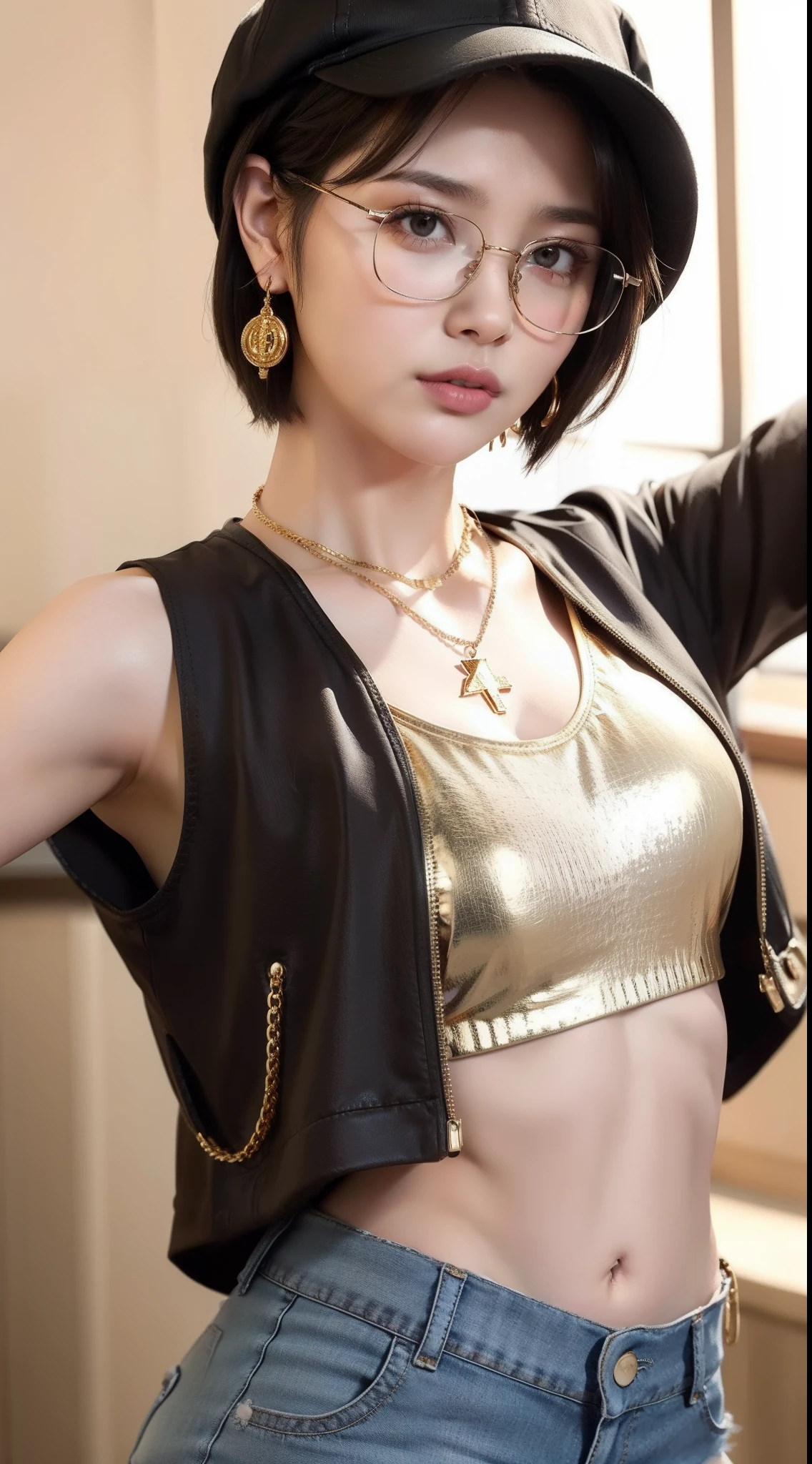 Realistic, High resolution, 1 Female, Mature Woman, alone, Hip Up, View the viewer, (Detailed face), tattoo, Samira \(League of Legends\), Eye patch, Earrings, Green Eyes, Braiding, Long Hair, Dark Skin, gloves, armor, belly button, bracelet, lips, Mole, Mole above mouth, Sunburn
