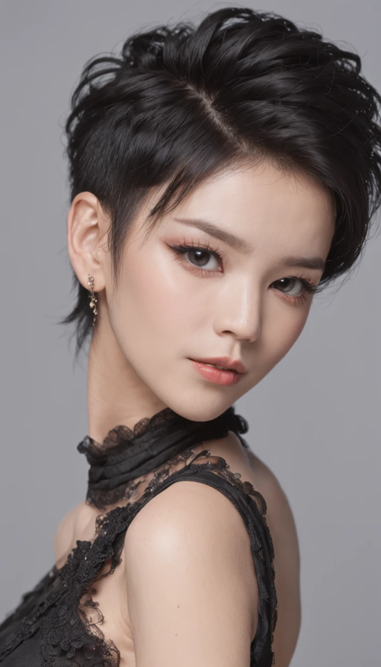 a woman in a black dress posing for a picture, Black mohawk hair, korean idol, Black hair with mohawk haircut , 8k detail, 8k, add detail, Korean, full body