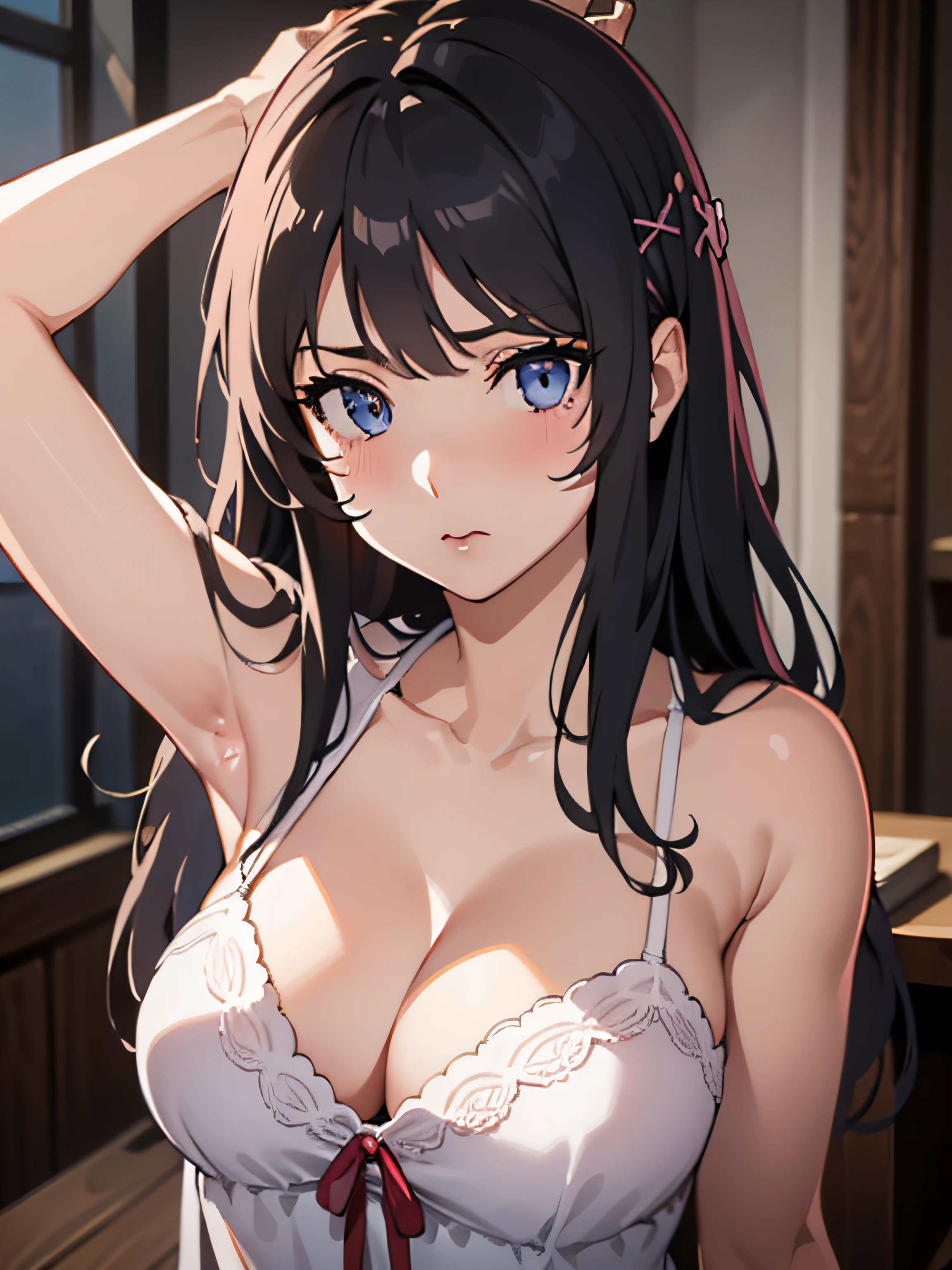 ((best quality, highres, UHD, 8k wallpaper, extremely detailed, perfect pixel, perfect anatomy)), ((anime smooth CG, realistic texture, skin texture:1.2)), 1sakurajimamai, anime character, 2d, sketch art, one anime woman, sad, blushing, embrassed, black hair, busty, medium breasts, cleavage, POV, close up, nightgown, (detailed eyes, beautiful eyes)