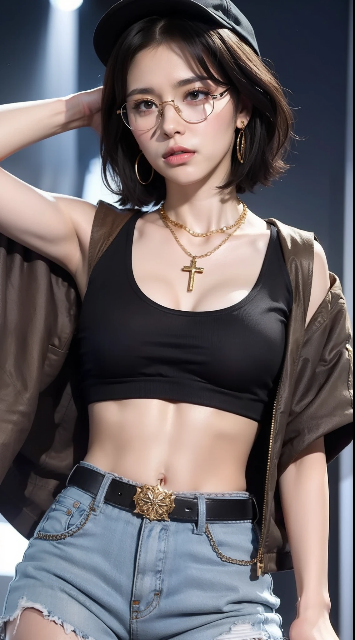 1girl, black tanktop crop, Brown jacket open, strict short jeans, slim belly,short hair, glasses, bob hairstyles, white shoes, baseball cap, gold belt, chain necklace, gold cross necklace pendant, dollar earrings, masterpiece, ultra details, 70mm lens, high res, faint smile, tiny tits, on stage, gold dollar image crop tank top, pretty navel, thin six pack abs