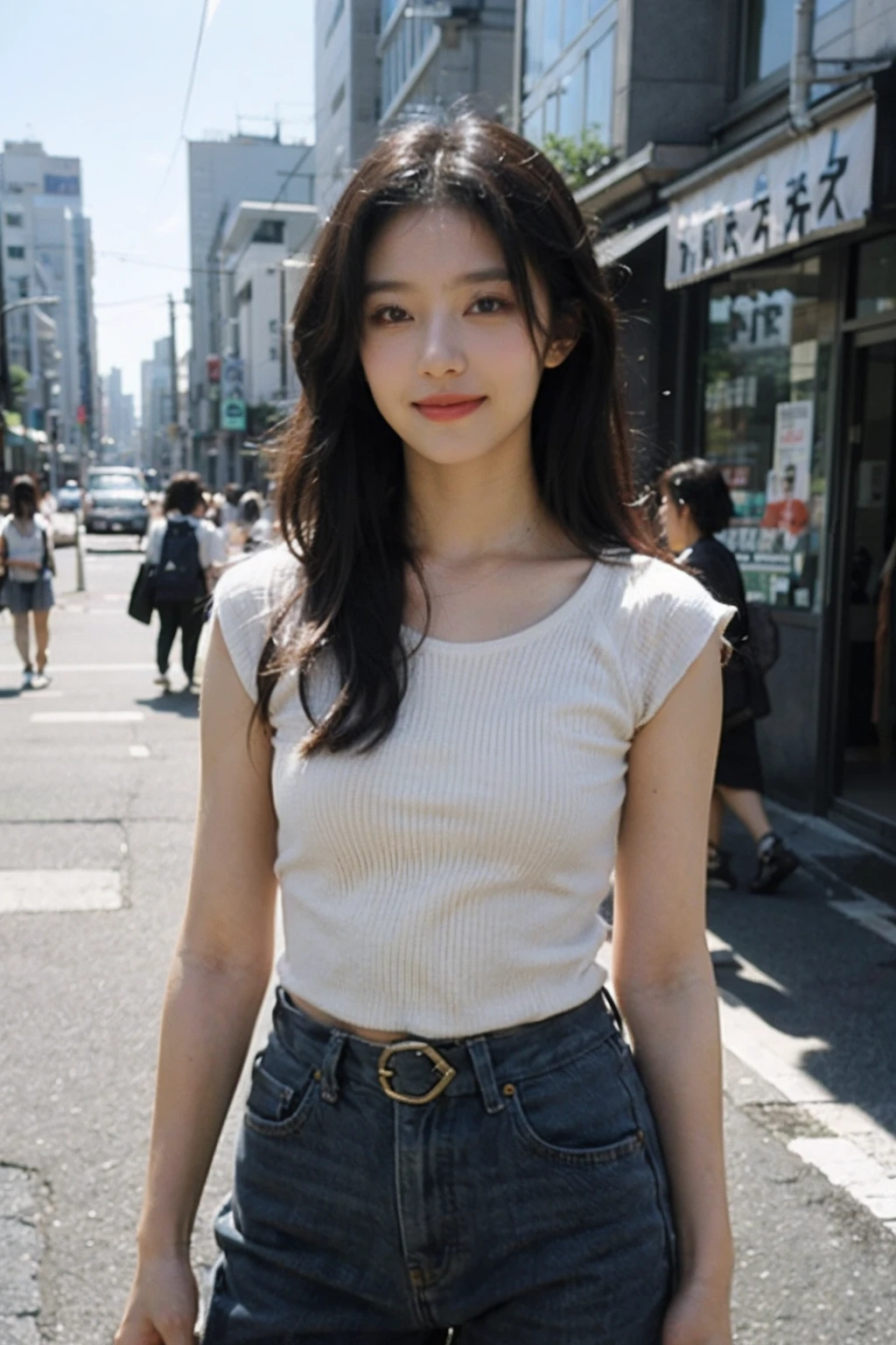 8K,Raw photo,Best Quality,masutepiece,(Realistic,Photorealsitic:1.37),(Looking at Viewer:1.331),Posing,on tokyo street,1girl in,moyou,Looks fun