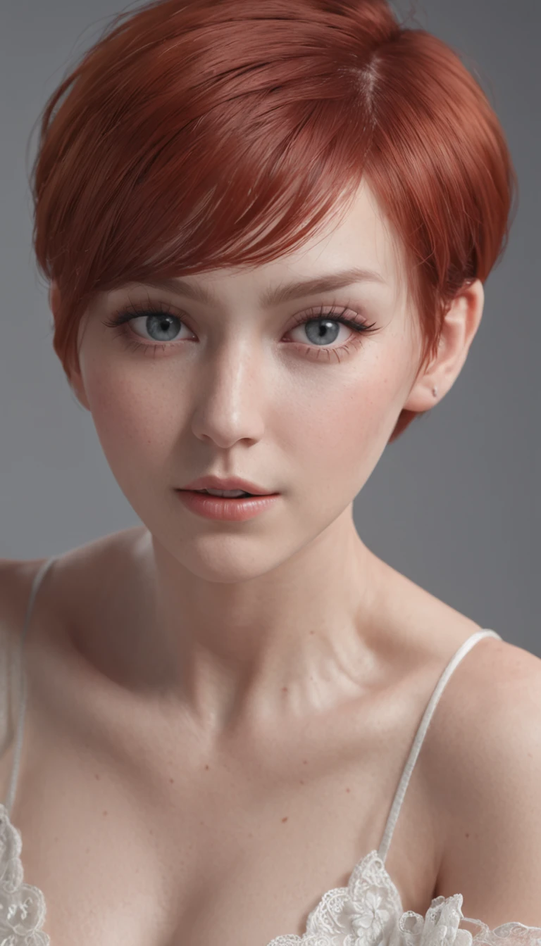 Very short hair, red hair color, Black eyeliner, blue eyes, white crop, garter, big tits, full body, body, 8k detail, hyper realistic, 8k skin, ultra realistic, ultra detail