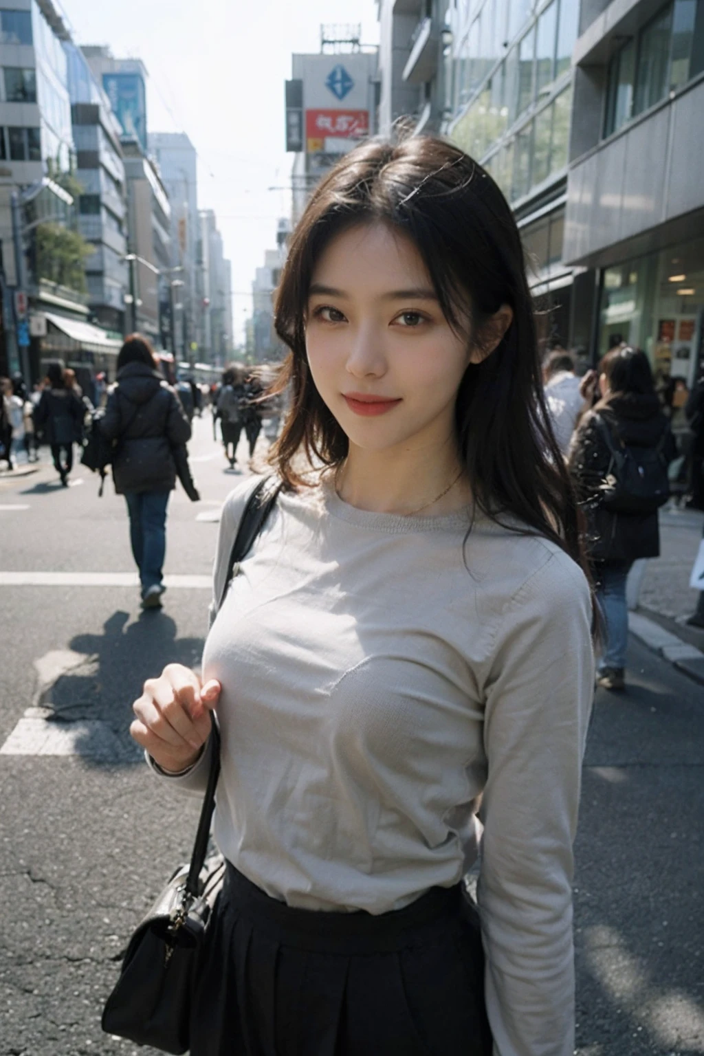 8K,Raw photo,Best Quality,masutepiece,(Realistic,Photorealsitic:1.37),(Looking at Viewer:1.331),Posing,on tokyo street,1girl in,moyou,Looks fun