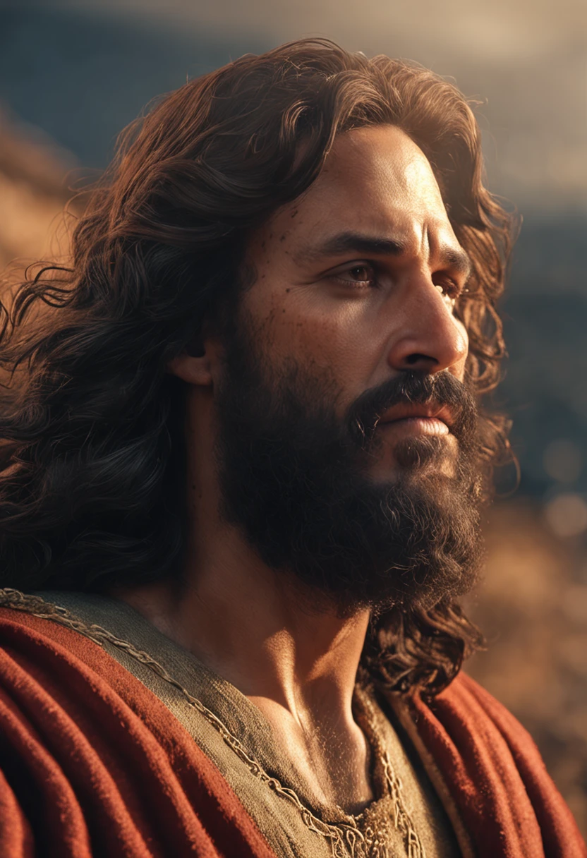 "Close-up ultra-realista em 8k de Jesus Cristo, com cabelos compridos e barba."