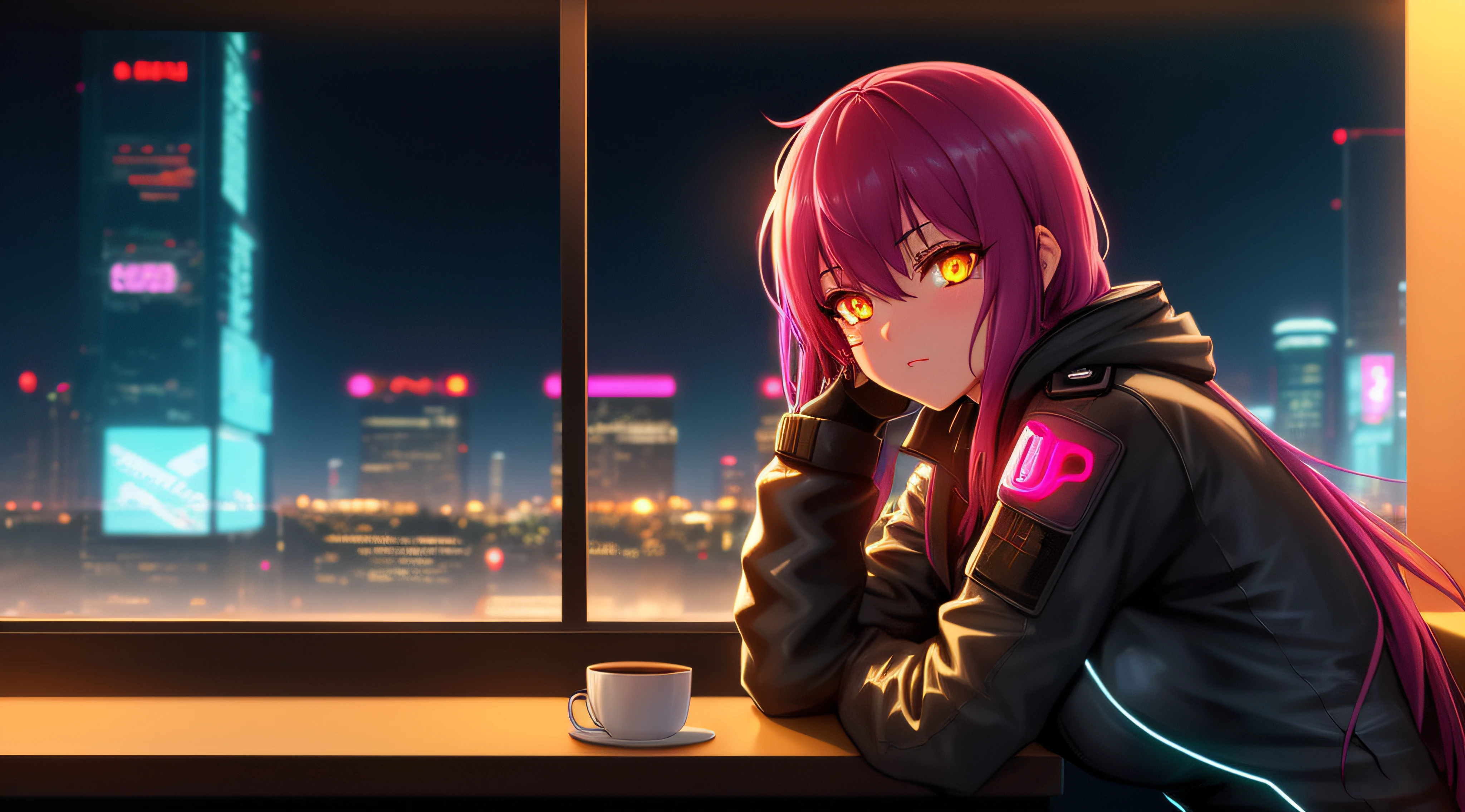 make a cyberpunk girl sitting in a coffee shop drinking her coffee and looking at the city through the window, sad look, golden eyes, night, neon lights, futuristic city, girl with pretty face, cinematics, 8k, digital art