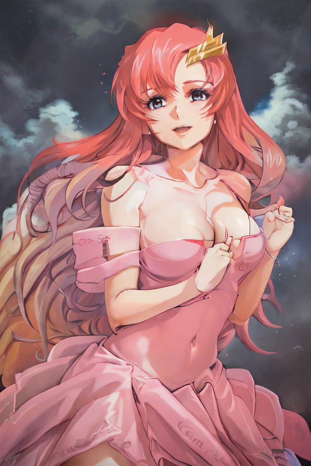 (masterpiece, 4K, Best Quality, Anime style: 1.9, bold drawing lines, High color saturation, Detailed face, tall, Adult Woman, lovely, (cloud background), Drawing lines, high resolution, Anime, lacus4), 1girl in, Solo, curvy figure, Long hair, 鎖骨, scapular, Wavy Hair, Detailed wide hair bangs, Hair Ornament, Detailed reddish-pink hair, cleavage, large hands, Big blue eyes, Smile, closed mouth, very slim belly, Very happy, closed fists, (laughing, open mouth), ((medium breasts)), (white dress, strong arms, biceps, rib lines, long belly, lip stick, (lean forward)