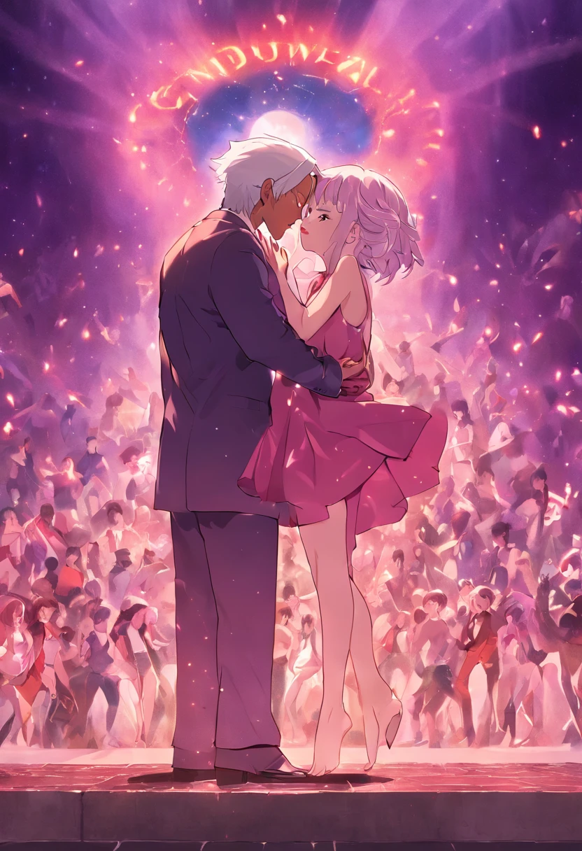 a sexy comedy movie poster by Universal Studios, of an eggplant, brownish skin tone, with visible prominent text above it in full view that spells "Mandingo Khan", old white woman with blonde/grey hair, on her knees kissing her eggplant, Universal Studios style