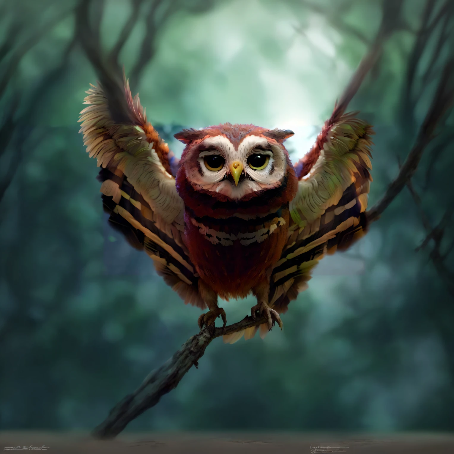 pintura de uma coruja colorida empoleirada em um galho em uma floresta, painting digital adorable, pintura digital altamente detalhada, Nite - Coruja, pintura digital altamente detalhada, alien owl, pintura digital de alta qualidade, coruja bonito, arte digital animal foto, arte conceitual altamente realista, inspirado em Rudy Siswanto, arte digital altamente detalhada, arte conceitual ultra realista, pintura digital bonita