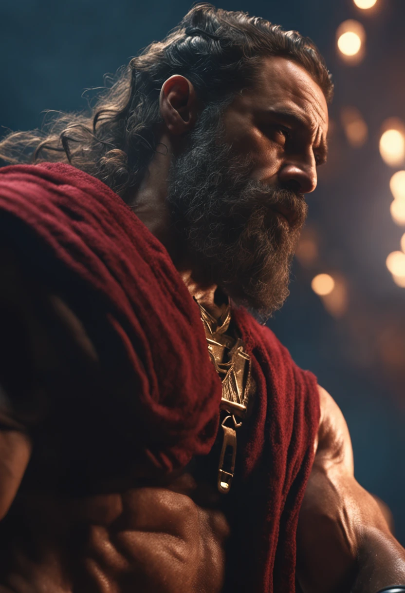 (Professional 3D rendering:1.3) de (Realistic:1.3) foto de arte mais bonita do mundo，afro americano, homem morreno, ((Epic hero rough fantasy muscular man wet hero angry look long hair short beard and fierce expression in dynamic pose, fantastic location, majestoso ambiente desordenado)), corpo inteiro 8k unidade render, action shot, poros da pele, very dark lighting, sombreamento pesado, circunstanciado, rosto detalhado, (Vibrando, Fotografia realista, Realistic, Dramatic, Escuro, foco nítido, 8k), (Roupas de Jesus Cristo:1.4), ((((Use mantos)))), (intrincado:1.4), decadente, (altamente detalhado:1.4), Pintura digital, rendering by octane, art stations, conceito-arte, liso, foco nítido, illustration, germe da arte, (Loish:0.23), Wlop Ilya Kuvshinov, e greg rutkowski e alphonse mucha gracias, (global ilumination, studiolight, light volumetric), chuva forte, floating particles, patife, fantasia, Nosso, Corpo inteiroesbiano, ((Fundo escuro e antigo da cidade:1.3)),CGSesociedade, art stations
