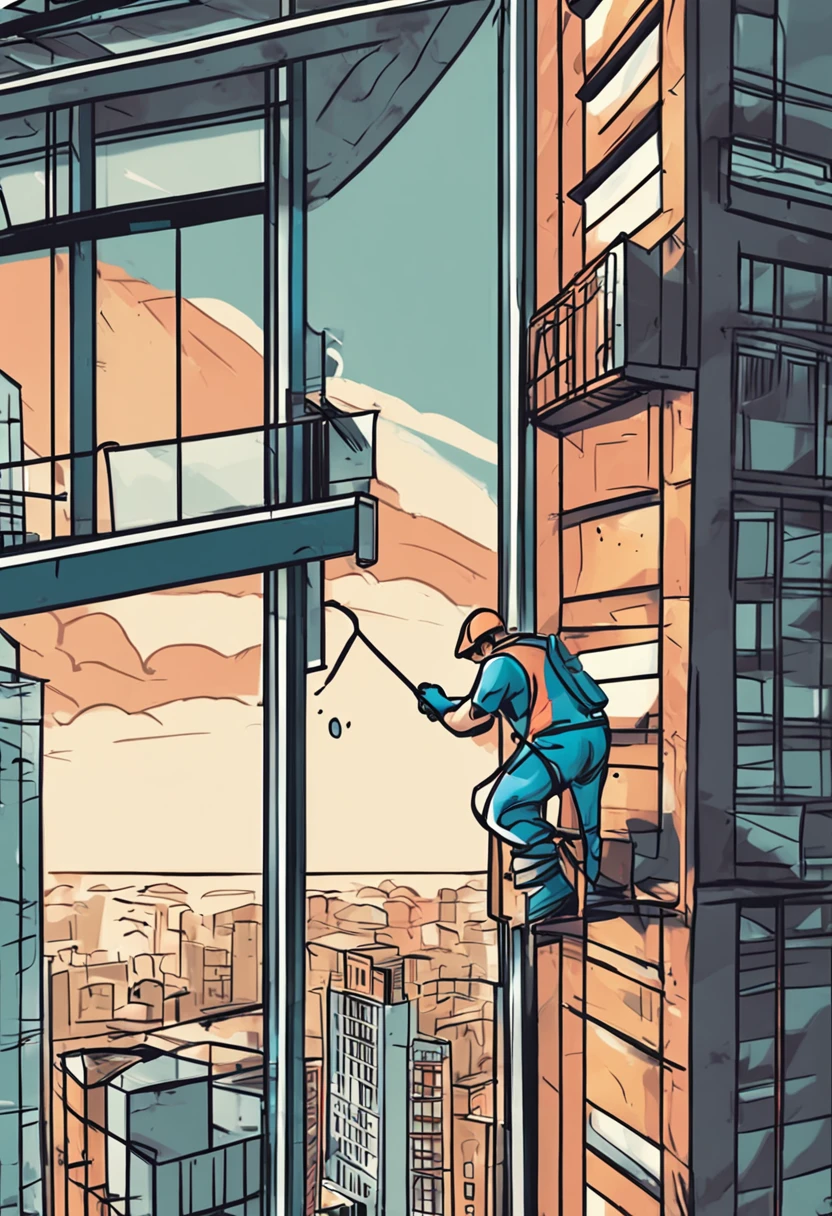 desenho em estilo cartoon, Man cleaning window of a tall building, andaimes, I feel safe, Occupational Safety, luvas, capacete