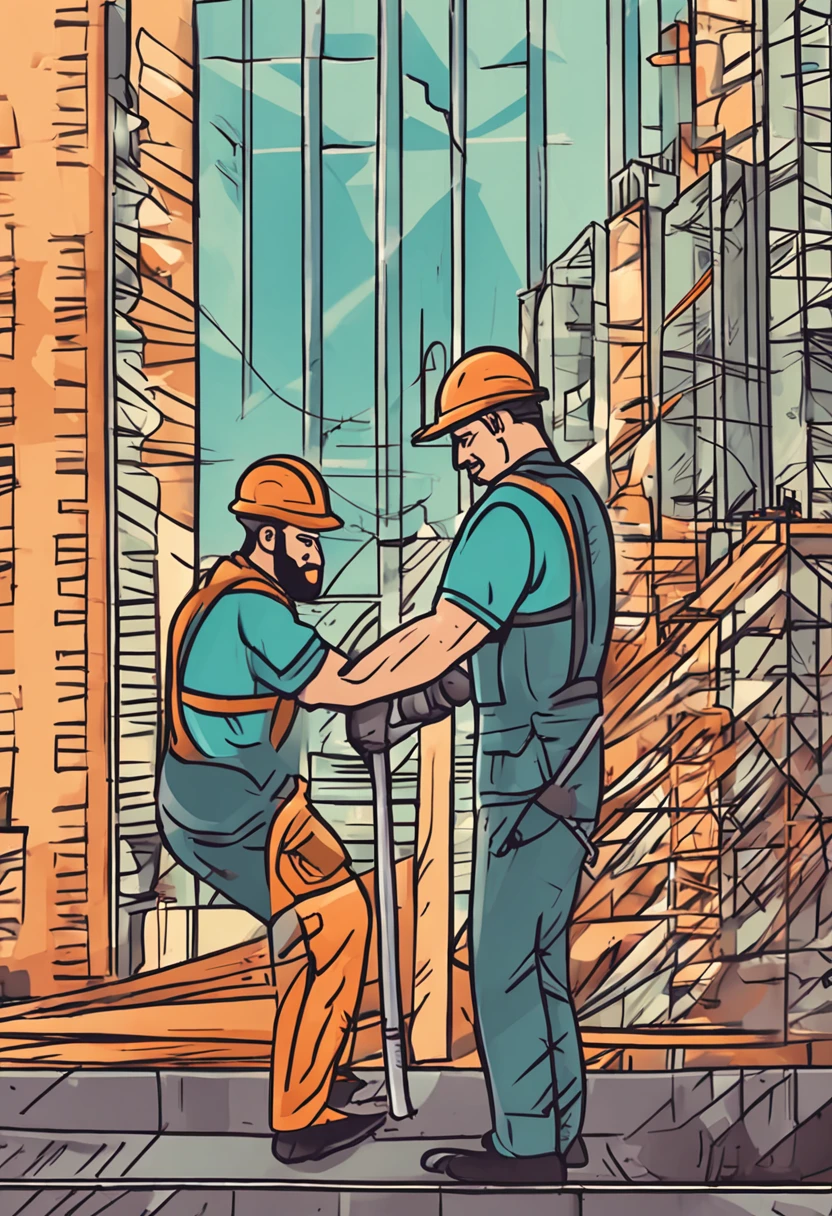 desenho em estilo cartoon, Man cleaning window of a tall building, andaimes, I feel safe, Occupational Safety, luvas, capacete