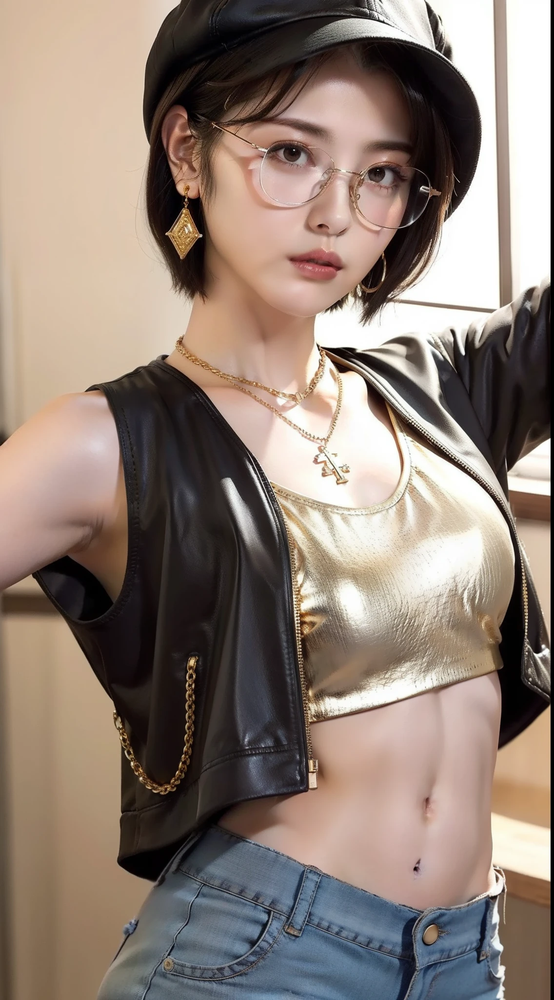 1girl, black tanktop crop, jacket crop open, strict short jeans, slim belly,short hair, glasses, bob hairstyles, white shoes, baseball cap, gold belt, chain necklace, gold cross necklace pendant, dollar earrings, masterpiece, ultra details, 70mm lens, high res, faint smile, tiny tits, on stage, gold dollar image crop tank top, pretty navel, thin six pack abs