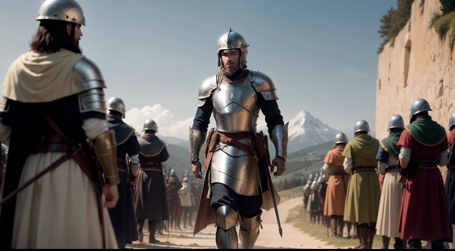 Crie uma imagem que represente a descida de um homem guerreiro do monte Tabor com seus dez mil homens guerreiros. Baraque deve estar liderando o grupo, wearing partial armor and with an expression of determination. The soldiers must be lined up behind him, carrying shields and weapons typical of the time. Mount Tabor should be visible in the background, with a steep trail that leads to the clearing where they are. The sky should show a hint in the morning, com as primeiras luzes do sol iluminando a cena. Convey the seriousness of the mission and the expectation of the moment. Realistic details are crucial for historical accuracy.