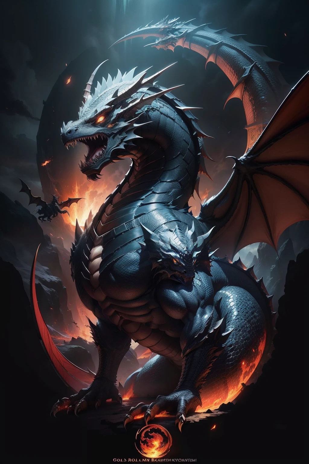 A fierce dragon with red and black scales breathes fire menacingly. It has enormous wings, sharp claws, and dangerous spikes on its tail. 

Items and gear listed on the side:
- Red and black colored scales
- Large leathery wings 
- Razor sharp claws
- Spiked tail 
- Sharp fangs
- Breaths fire